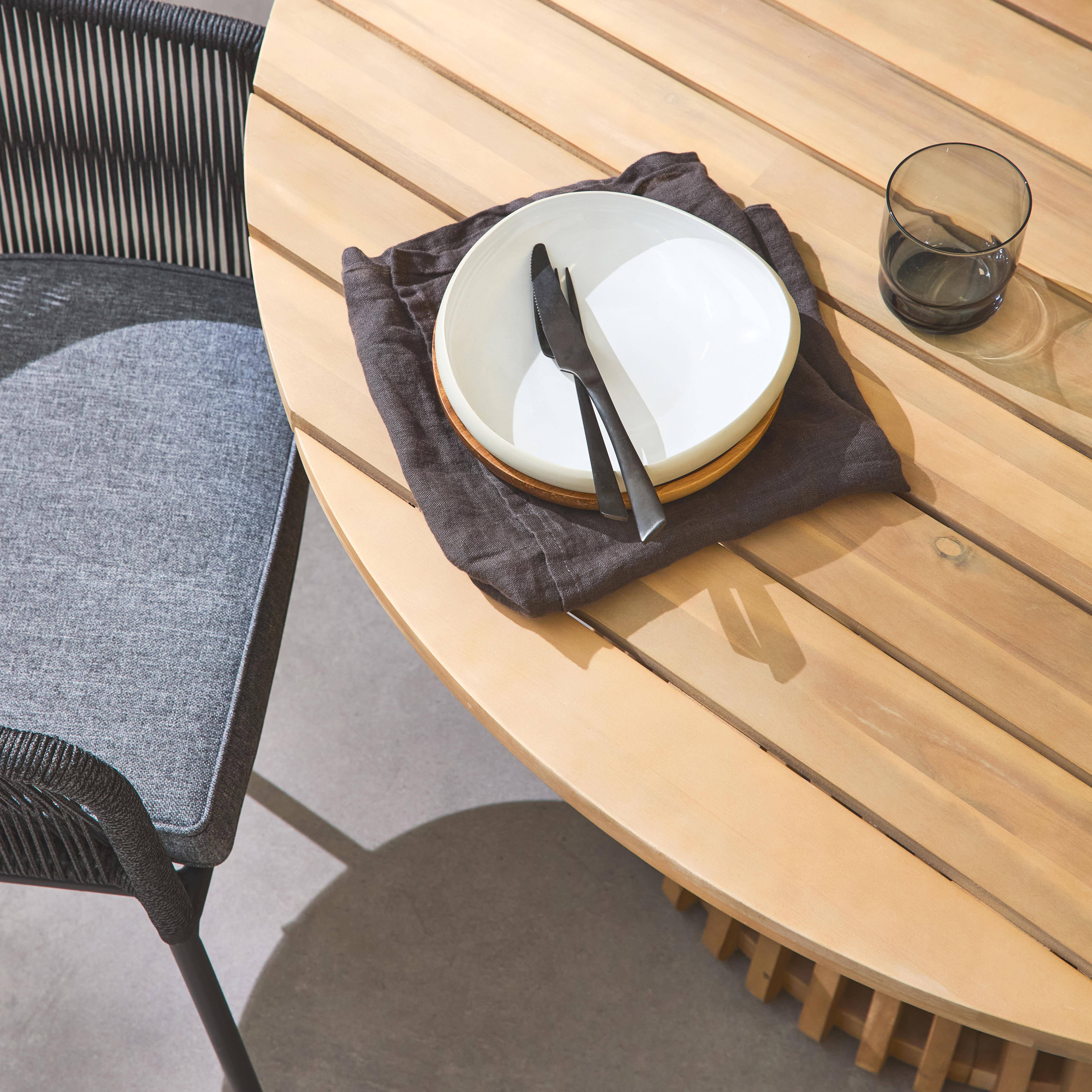 Tavolo da pranzo rotondo in legno, interno/esterno + 4 poltrone in corda e acciaio, Oviedo + Santos, Nero Photo3