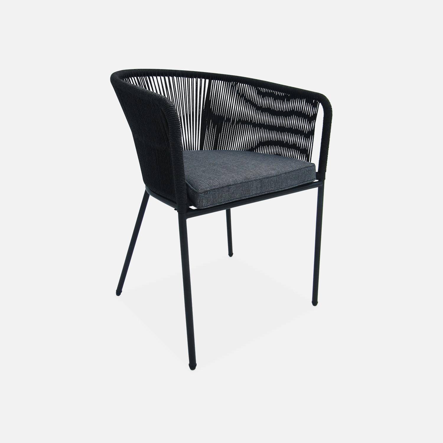Table à manger bois d'acacia ronde, intérieur / extérieur + 4 fauteuils en corde noir et acier,sweeek,Photo6