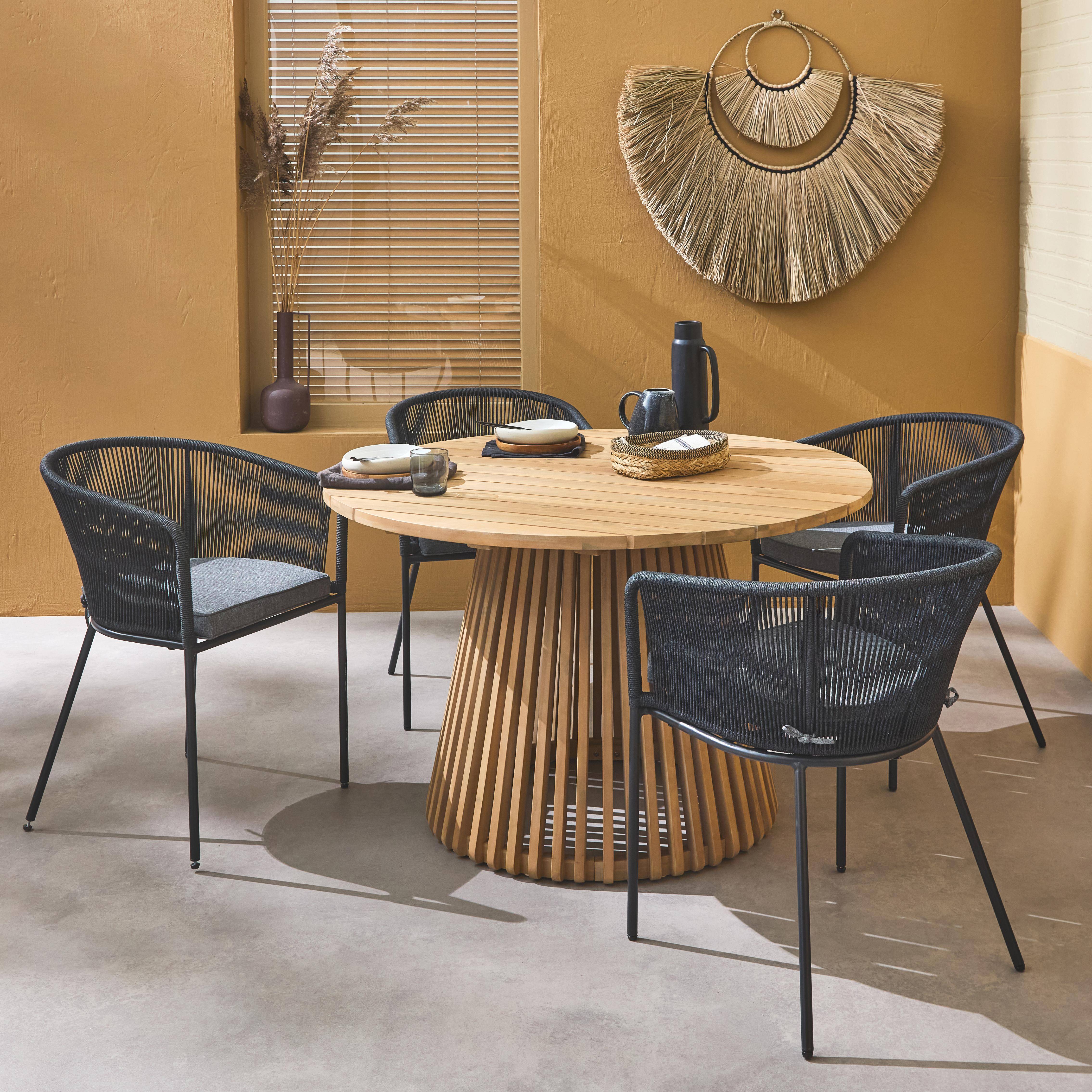 Table à manger bois d'acacia ronde, intérieur / extérieur + 4 fauteuils en corde noir et acier,sweeek,Photo1