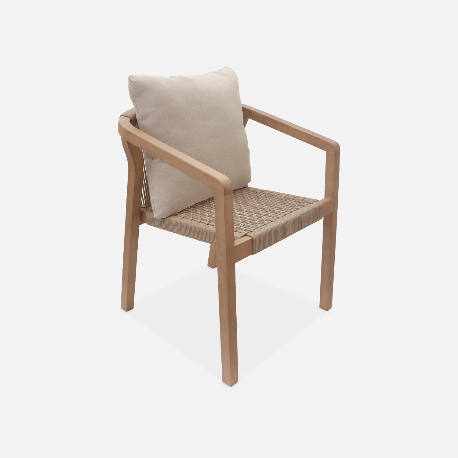 Table à manger bois d'acacia ronde, intérieur / extérieur + 4 chaises en bois et corde beige Photo3