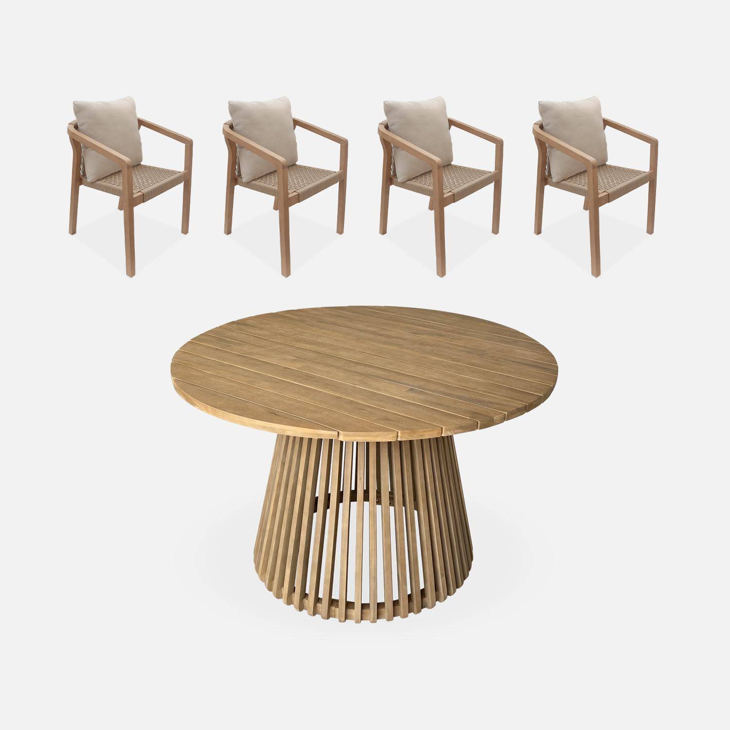 Table à manger bois d'acacia ronde, intérieur / extérieur + 4 chaises en bois et corde beige Photo1