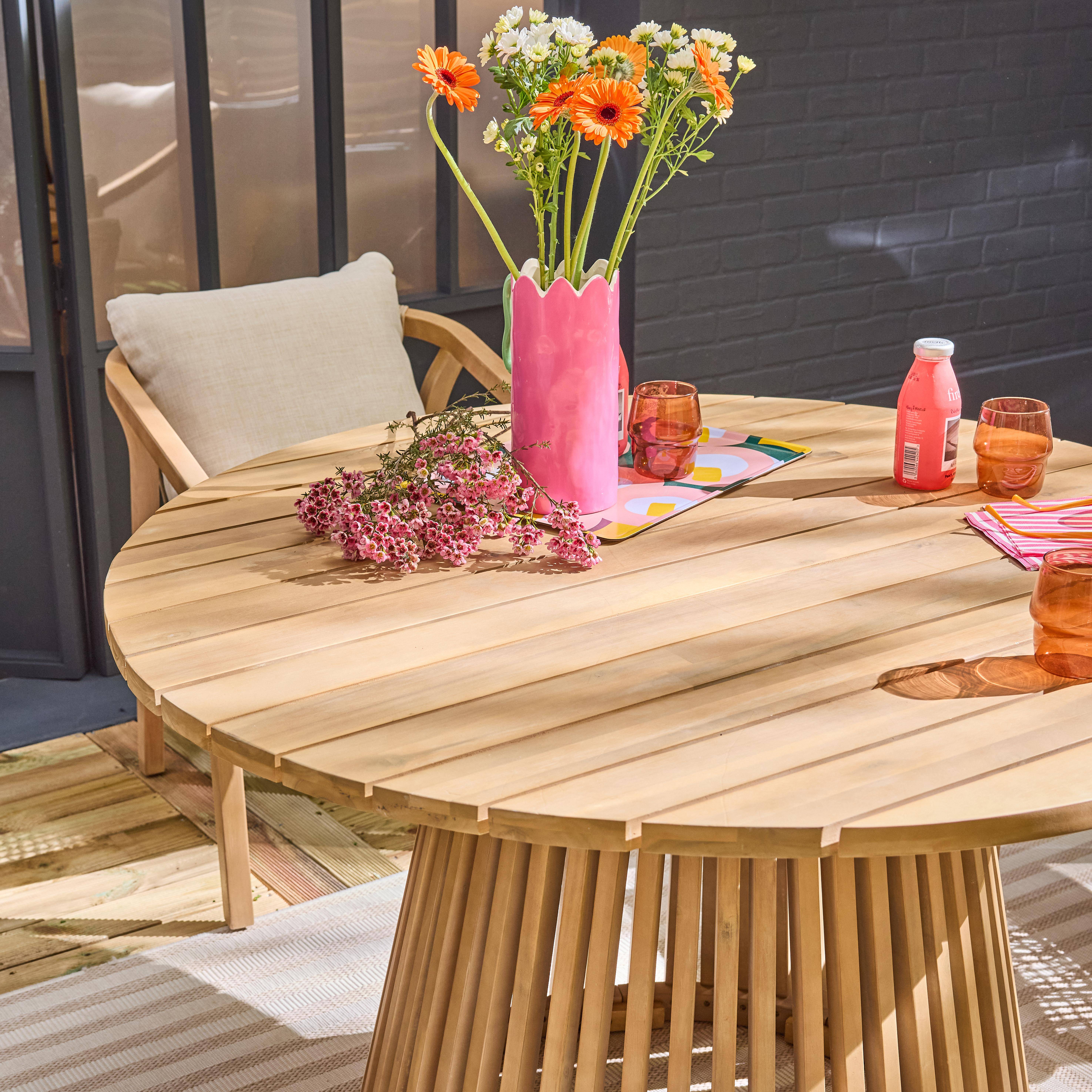 Table à manger bois d'acacia ronde, intérieur / extérieur + 4 chaises en bois et corde beige Photo2