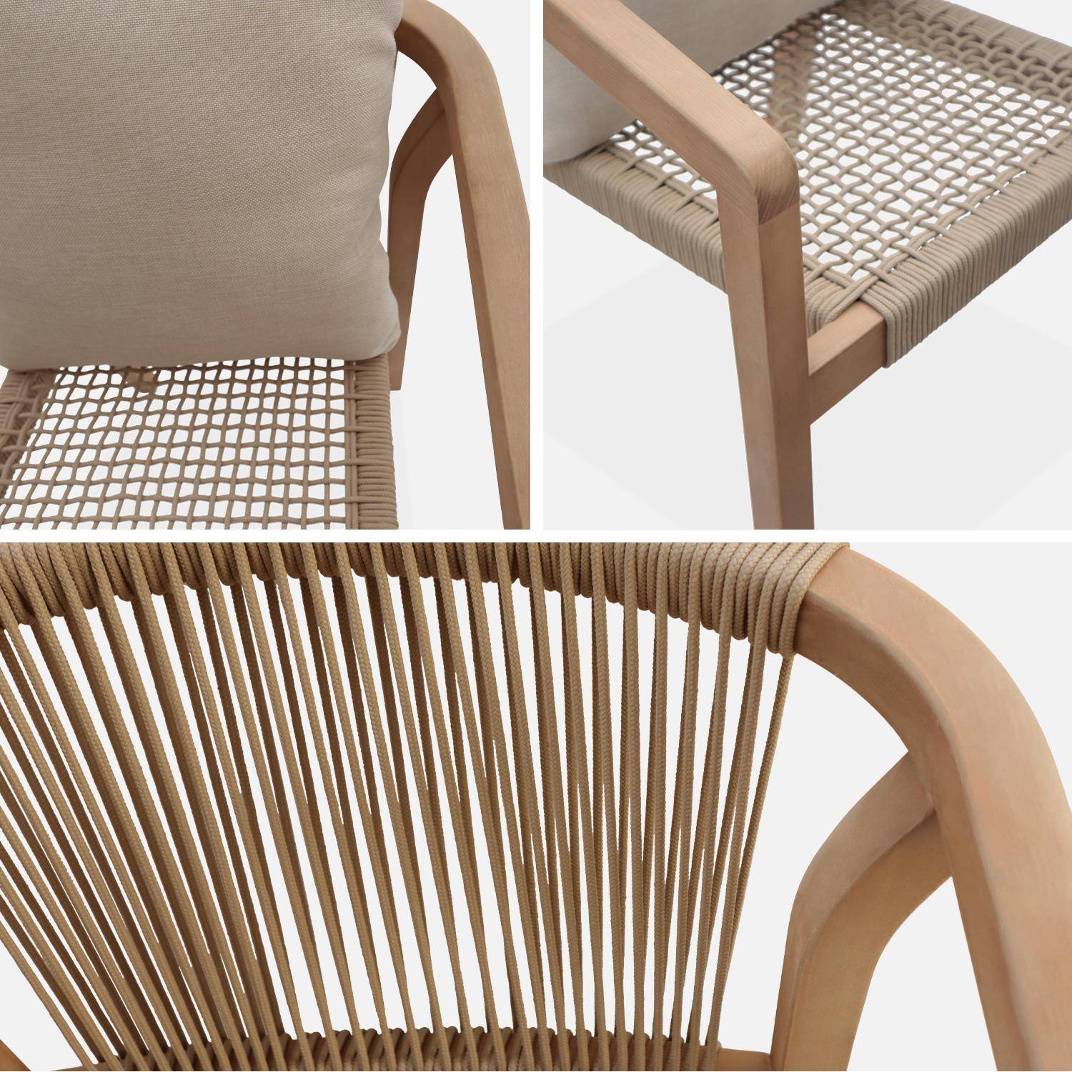 Table à manger bois d'acacia ronde, intérieur / extérieur + 4 chaises en bois et corde beige Photo5