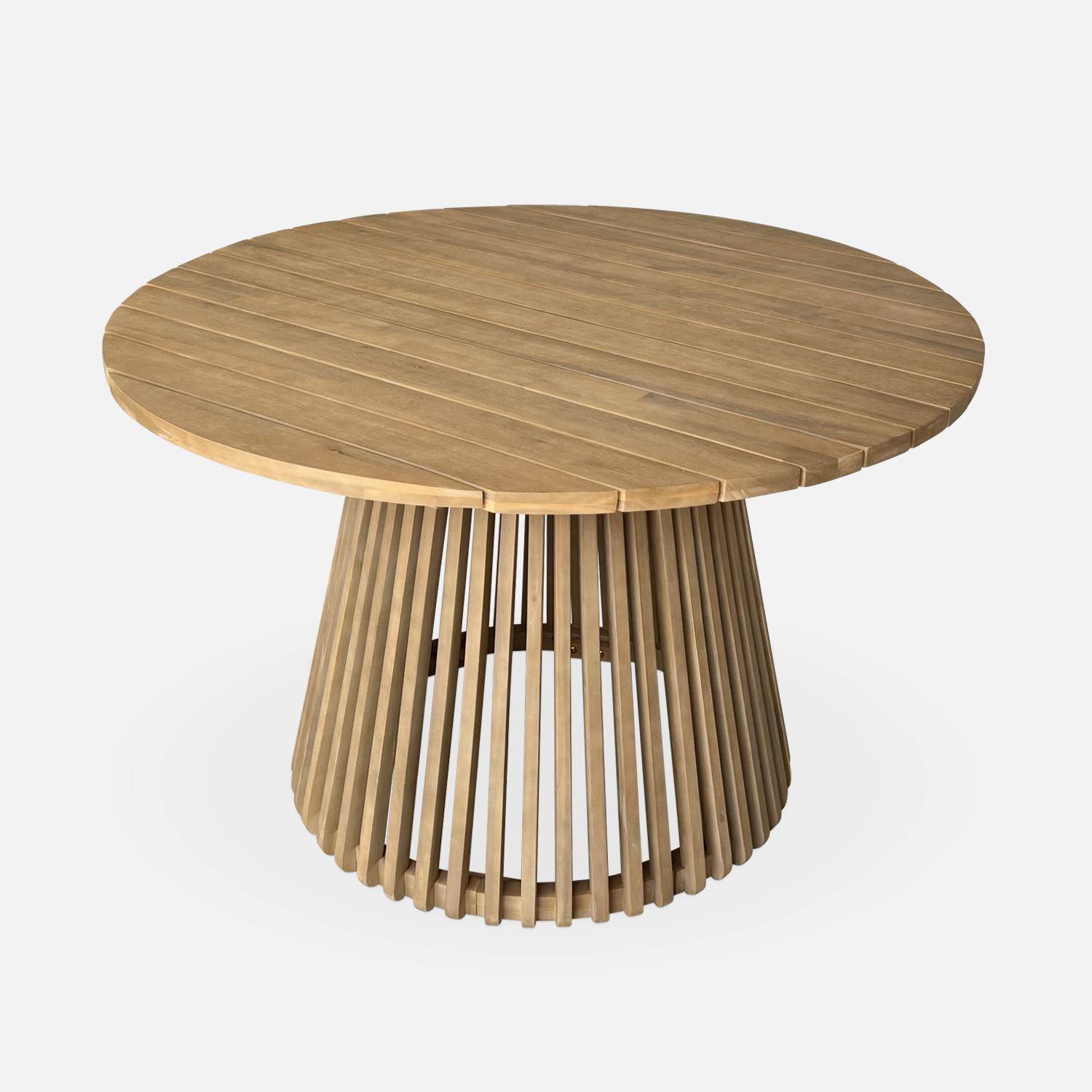 Table à manger bois d'acacia ronde, intérieur / extérieur + 4 chaises en bois et corde beige Photo2