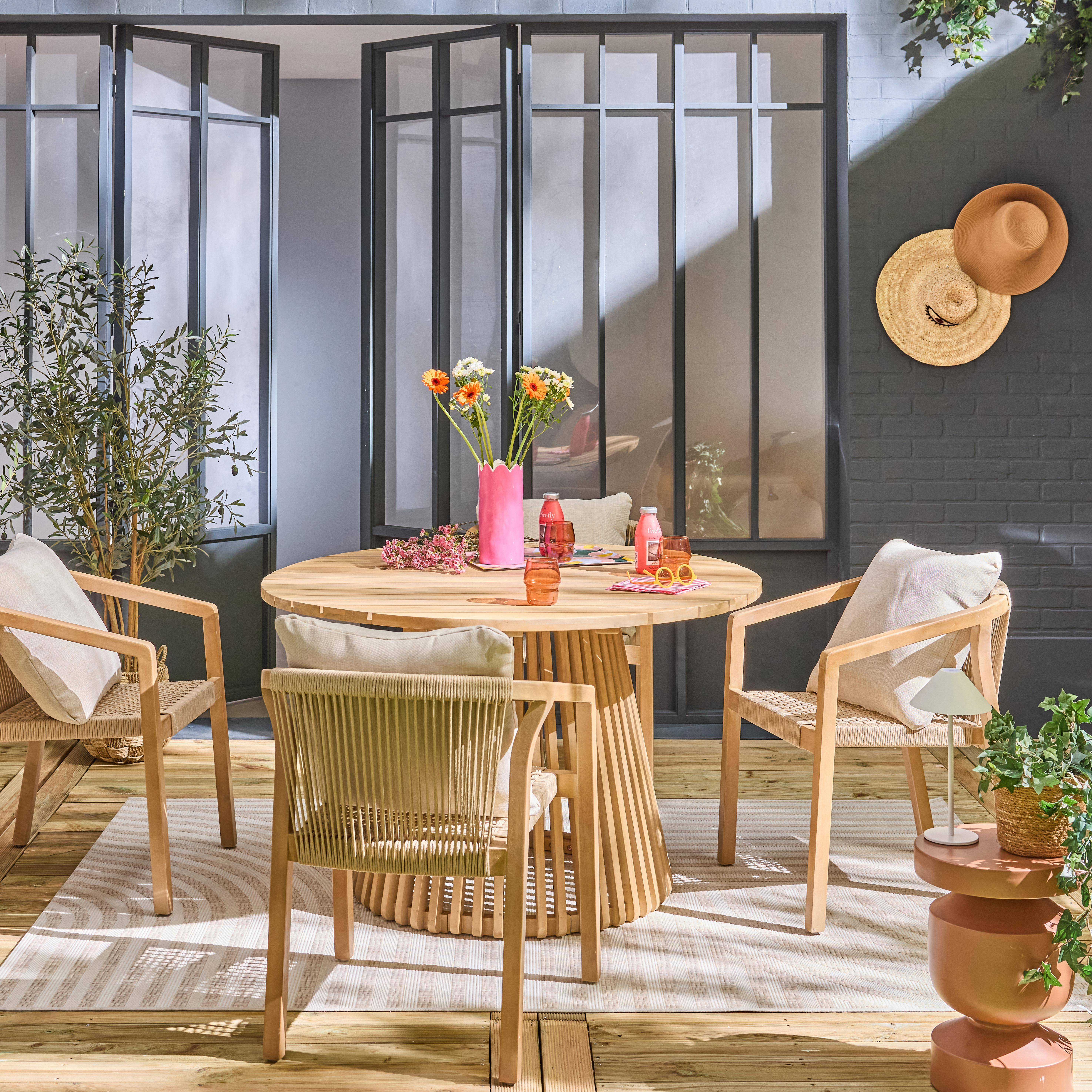 Table à manger bois d'acacia ronde, intérieur / extérieur + 4 chaises en bois et corde beige Photo1