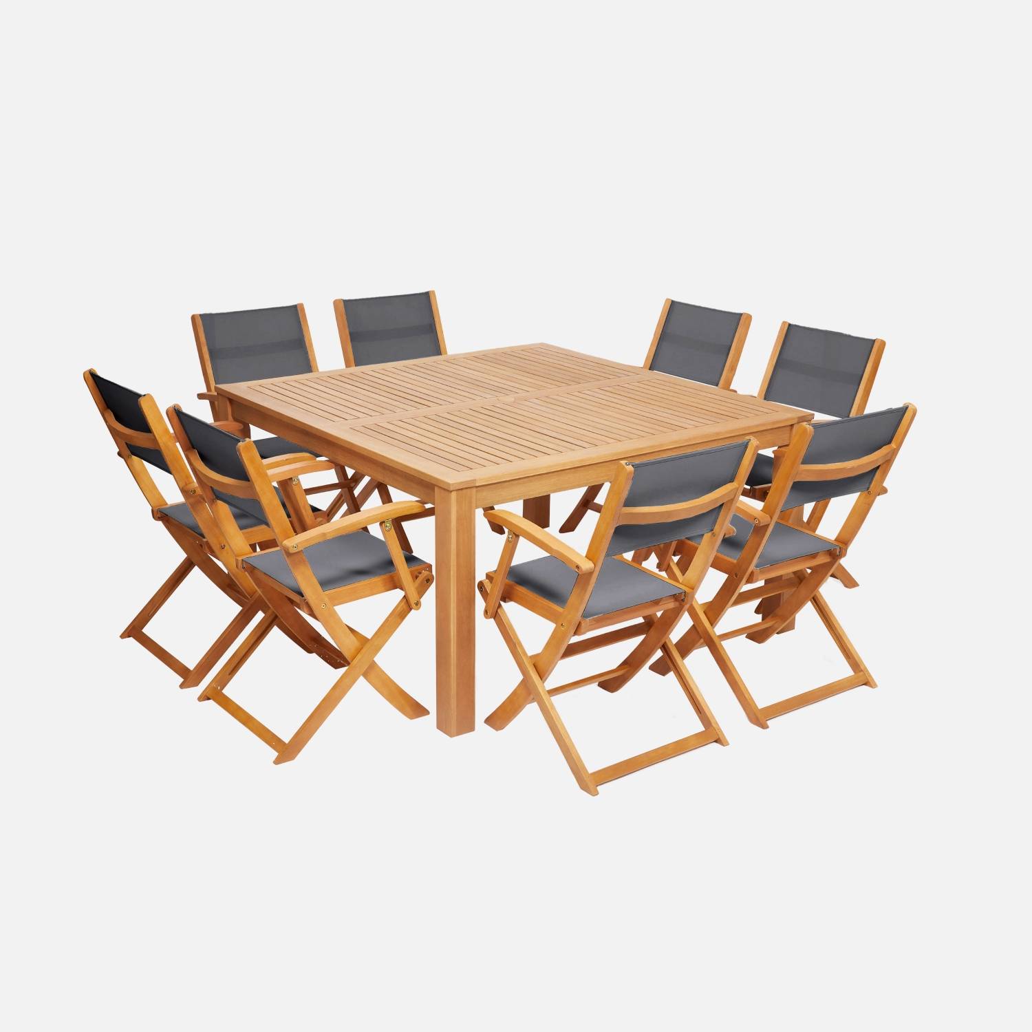 Table de jardin carrée, bois + 8 fauteuils anthracite I sweeek 