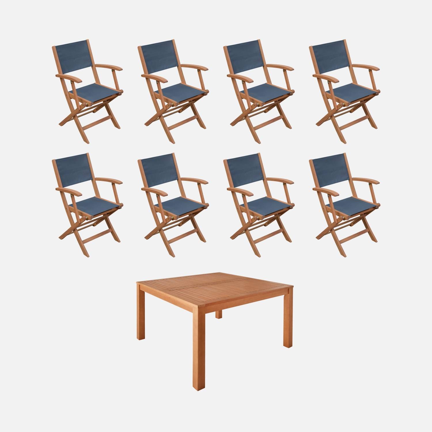 Table de jardin carrée, bois + 8 fauteuils anthracite I sweeek 