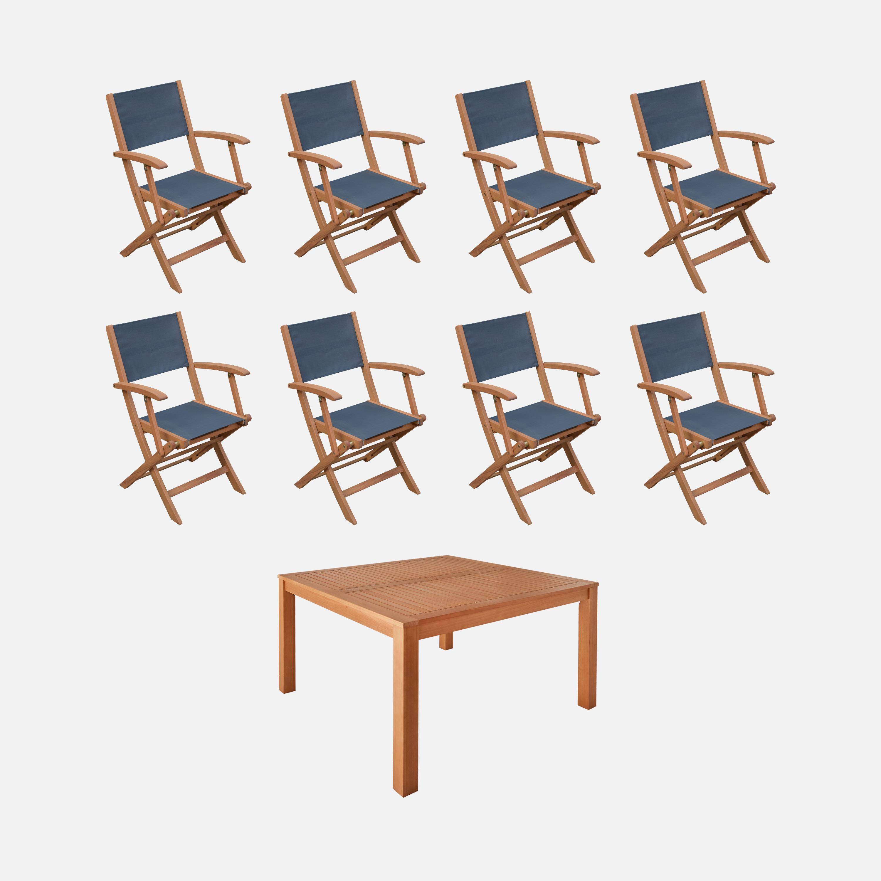 Table de jardin carrée, en bois d'eucalyptus FSC, avec trou de parasol + 8 fauteuils pliables anthracite,sweeek,Photo1