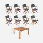 Table de jardin carrée, en bois d'eucalyptus FSC, avec trou de parasol + 8 fauteuils pliables anthracite Photo1