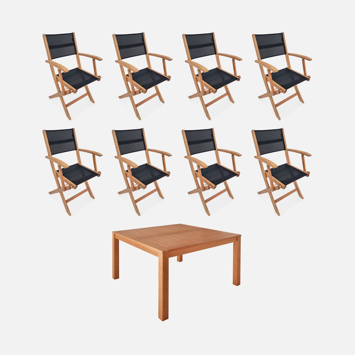 Table de jardin carrée, bois + 8 fauteuils noir I sweeek 