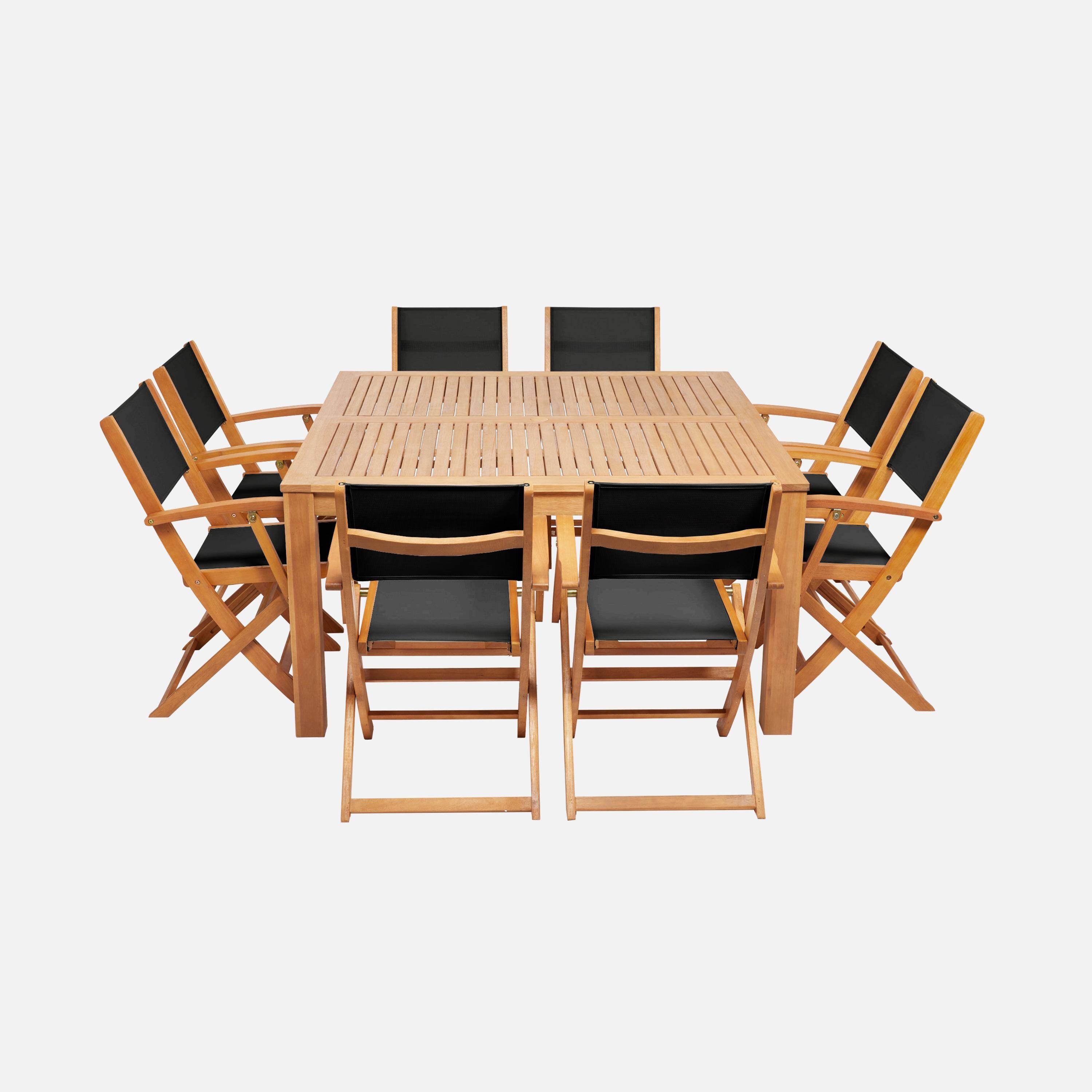 Table de jardin carrée, en bois d'eucalyptus FSC, avec trou de parasol + 8 fauteuils pliables noir,sweeek,Photo4