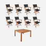 Table de jardin carrée, en bois d'eucalyptus FSC, avec trou de parasol + 8 fauteuils pliables noir Photo1