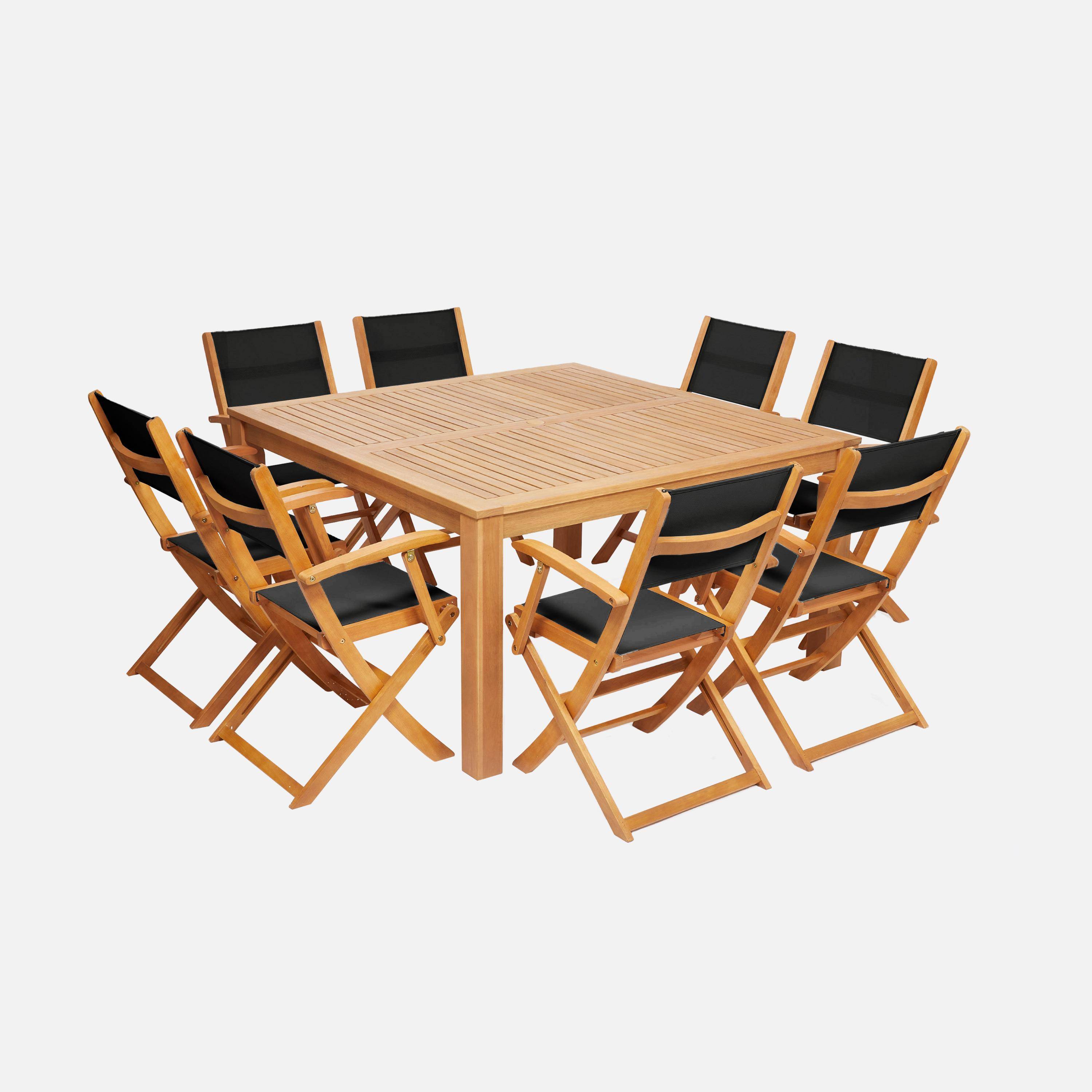 Table de jardin carrée, en bois d'eucalyptus FSC, avec trou de parasol + 8 fauteuils pliables noir Photo3