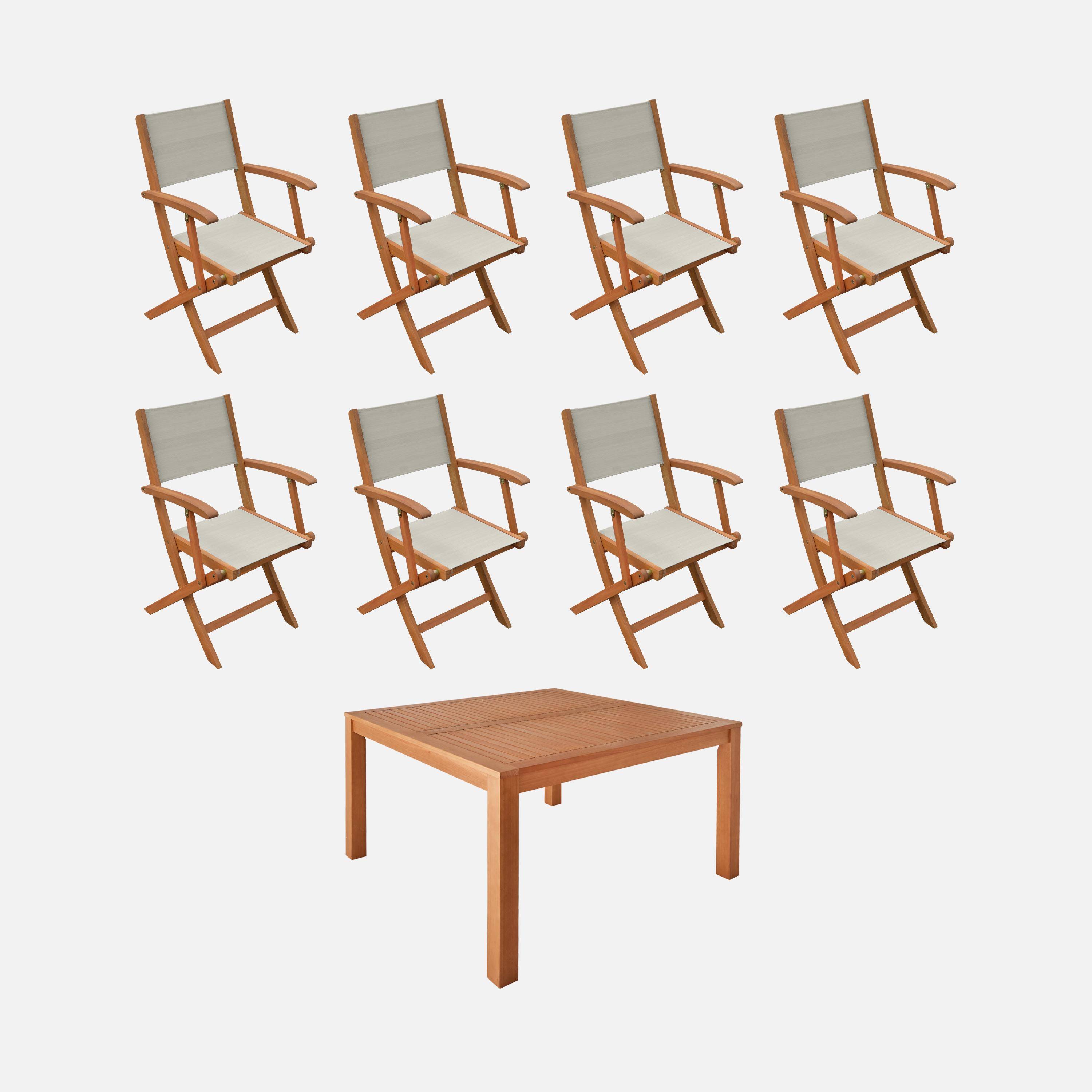 Table de jardin carrée, en bois d'eucalyptus FSC, avec trou de parasol + 8 fauteuils pliables gris taupe Photo1
