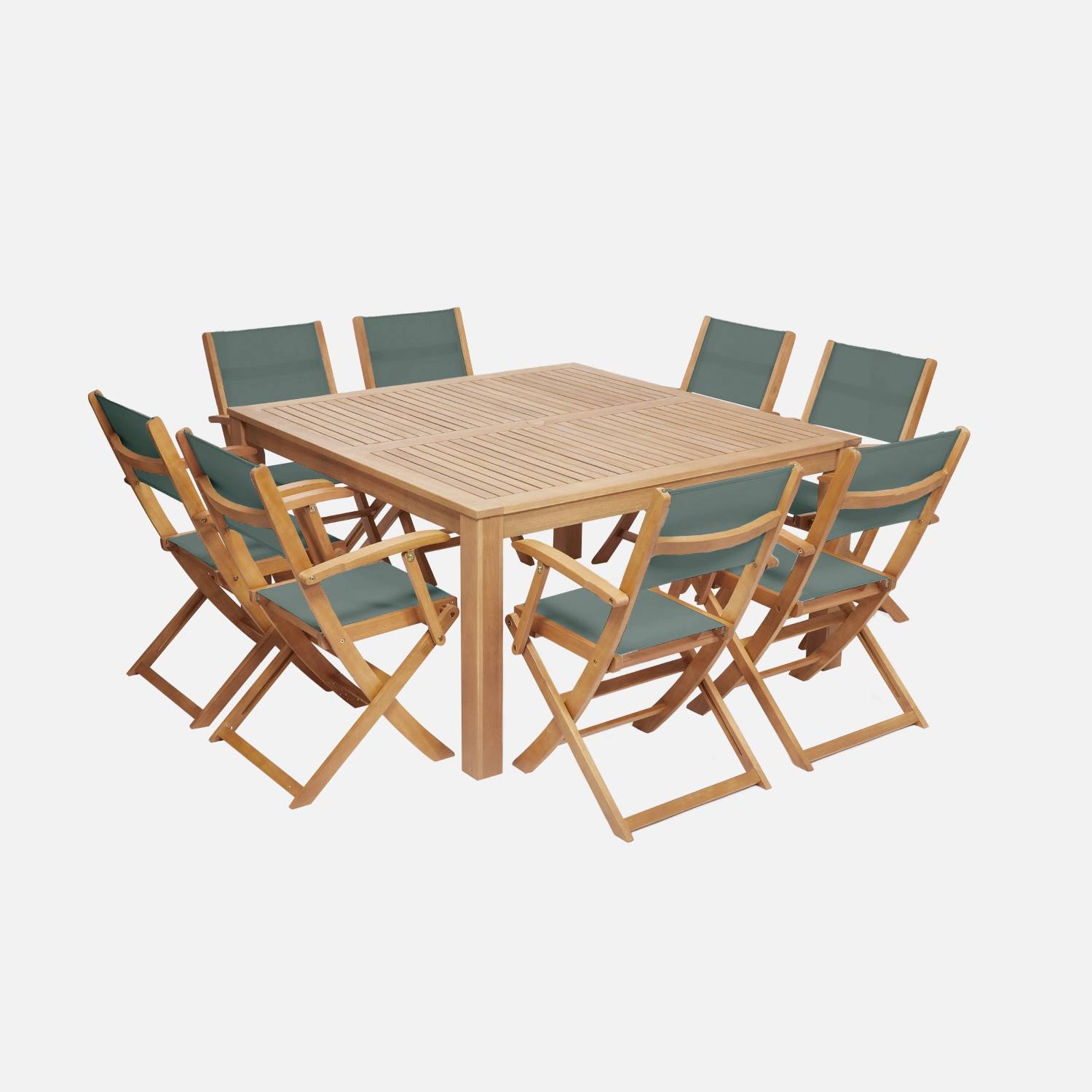 Table de jardin carrée, bois + 8 fauteuils kaki I sweeek 