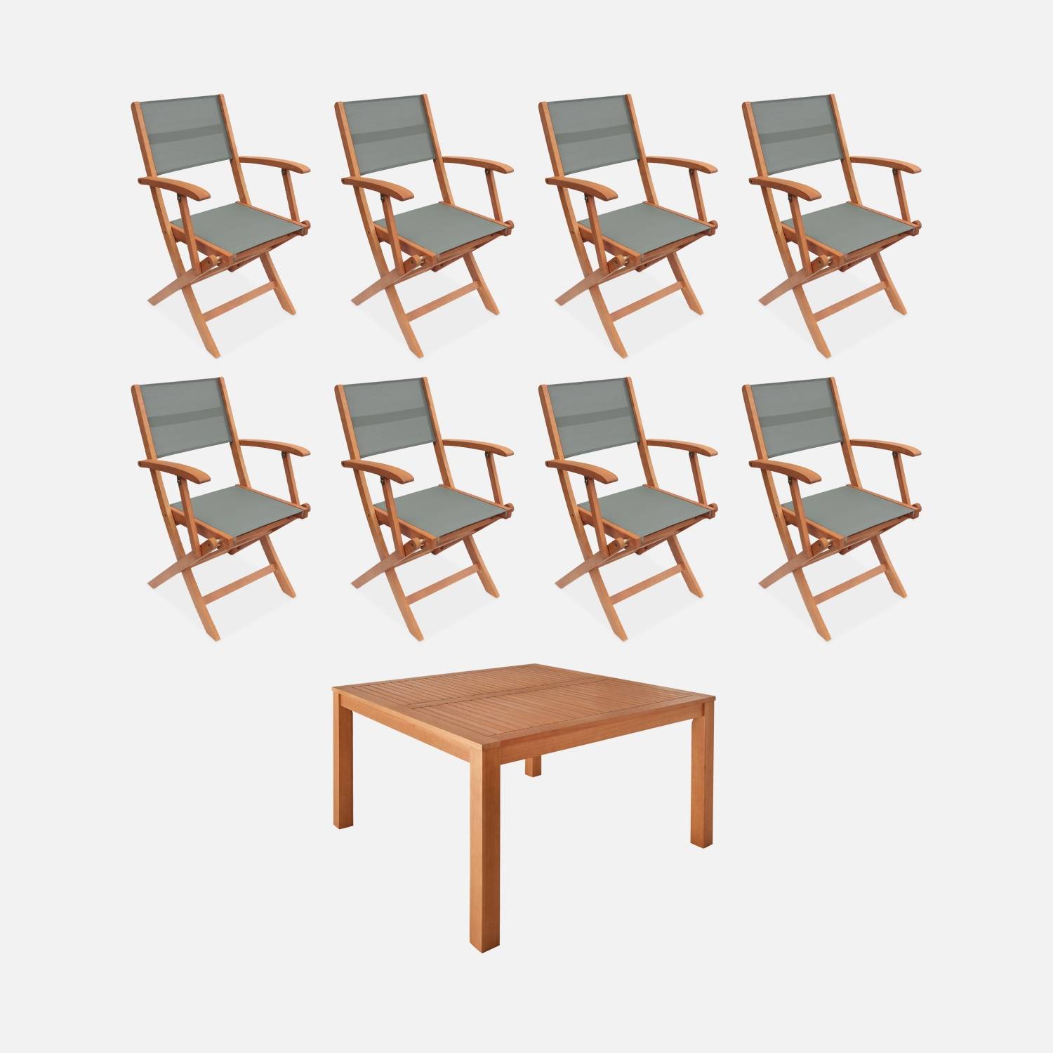 Table de jardin carrée, bois + 8 fauteuils savane I sweeek 