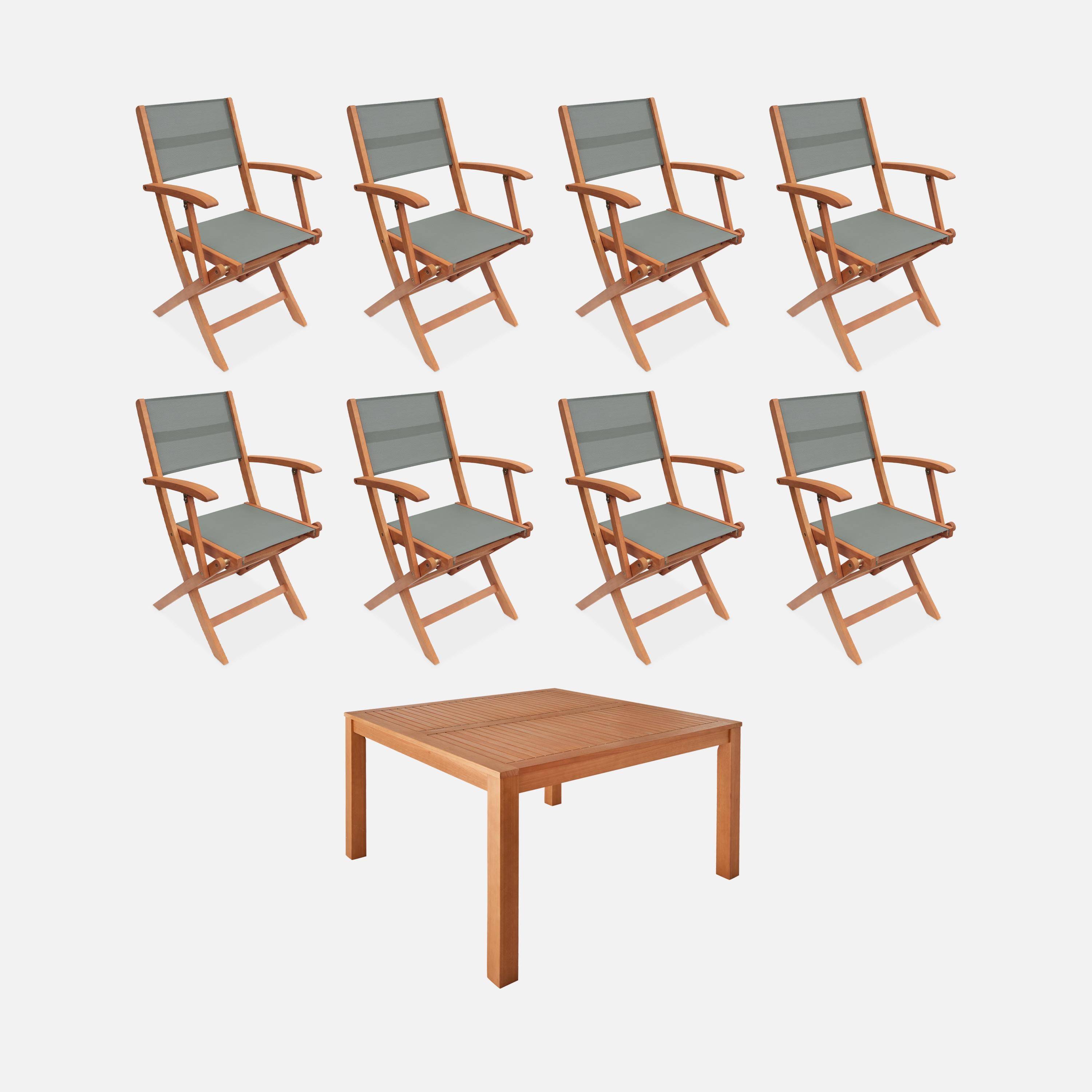 Table de jardin carrée, en bois d'eucalyptus FSC, avec trou de parasol + 8 fauteuils pliables savane Photo1