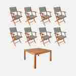Table de jardin carrée, en bois d'eucalyptus FSC, avec trou de parasol + 8 fauteuils pliables savane Photo1