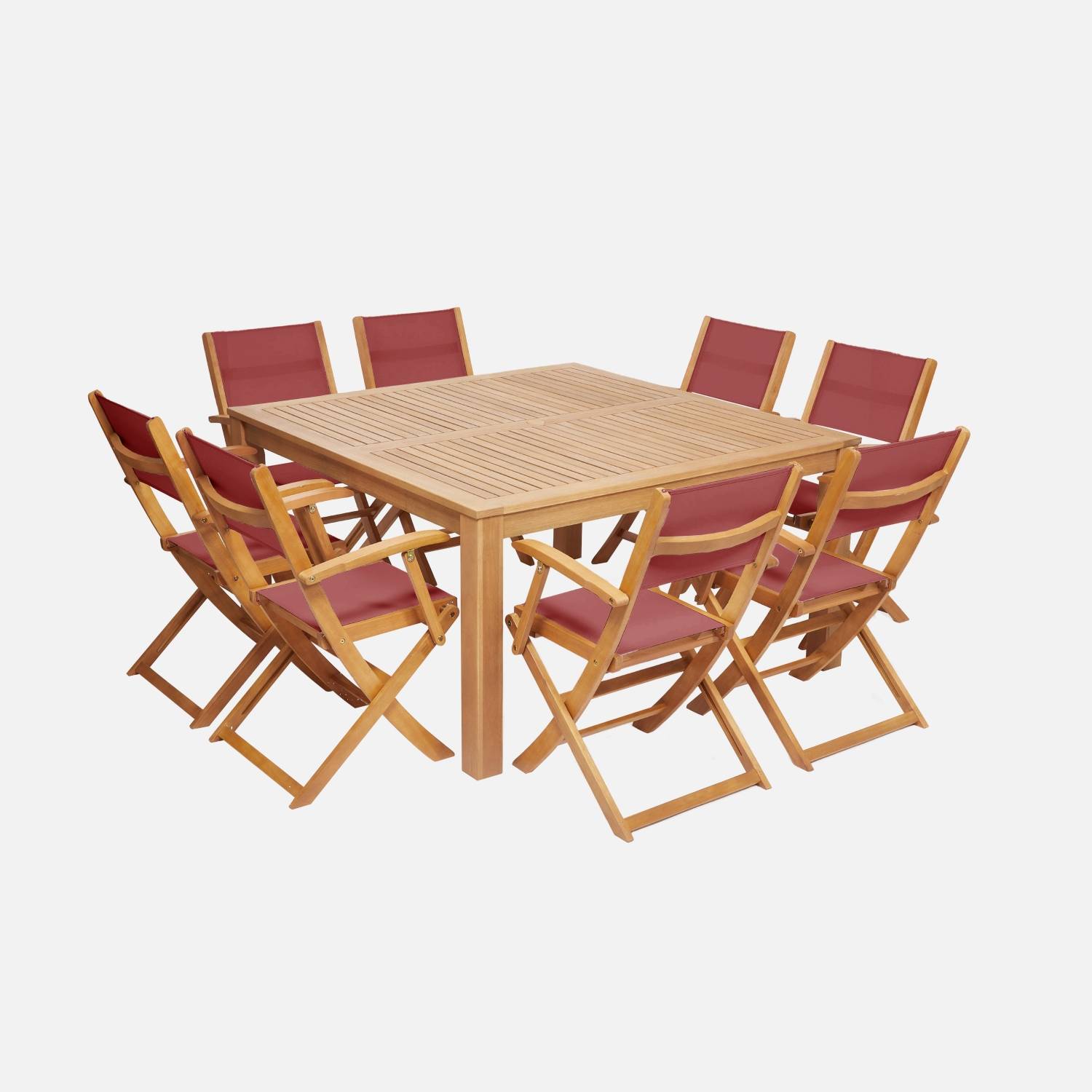 Table de jardin carrée, bois + 8 fauteuils terracotta I sweeek 
