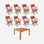 Table de jardin carrée, en bois d'eucalyptus FSC, avec trou de parasol + 8 fauteuils pliables terracotta Photo1
