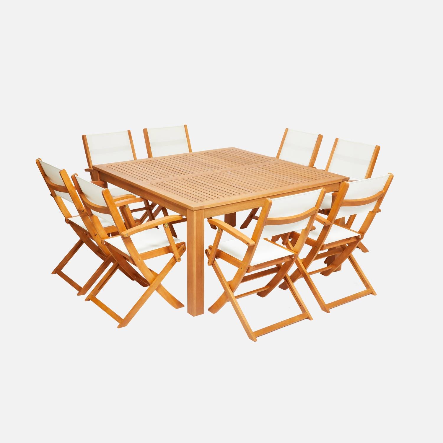 Table de jardin carrée, bois + 8 fauteuils blanc I sweeek 