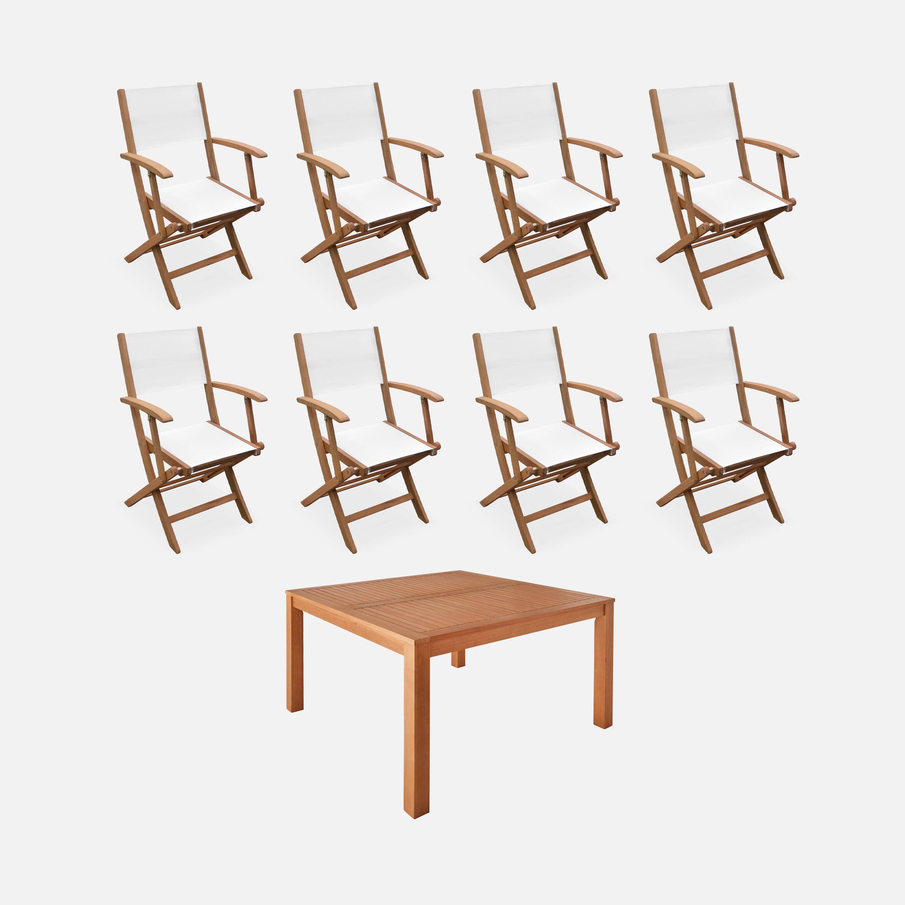 Table de jardin carrée, en bois d'eucalyptus FSC, avec trou de parasol + 8 fauteuils pliables blanc Photo1