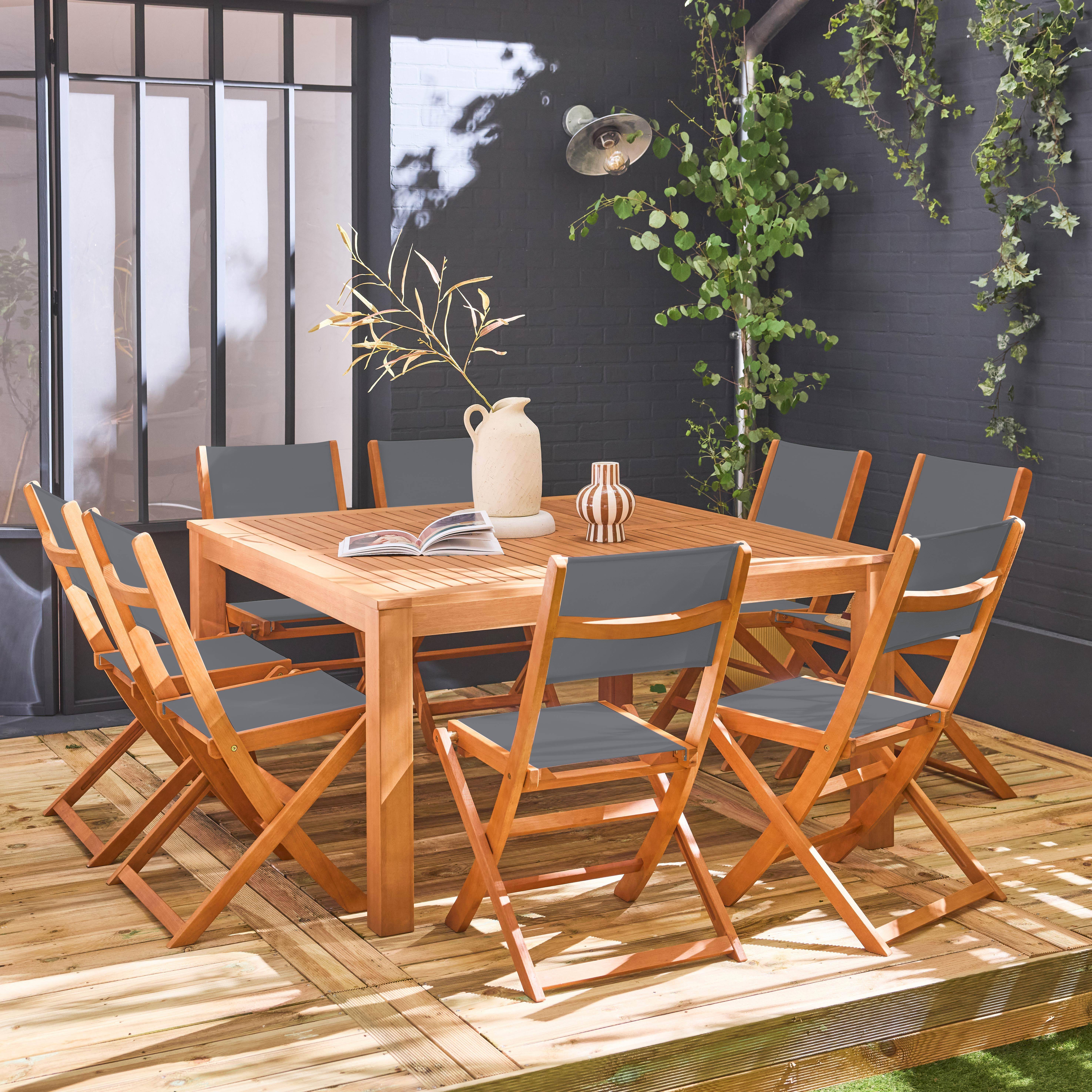 Table de jardin carrée, en bois d'eucalyptus FSC, avec trou de parasol + 8 chaises pliables anthracite,sweeek,Photo1