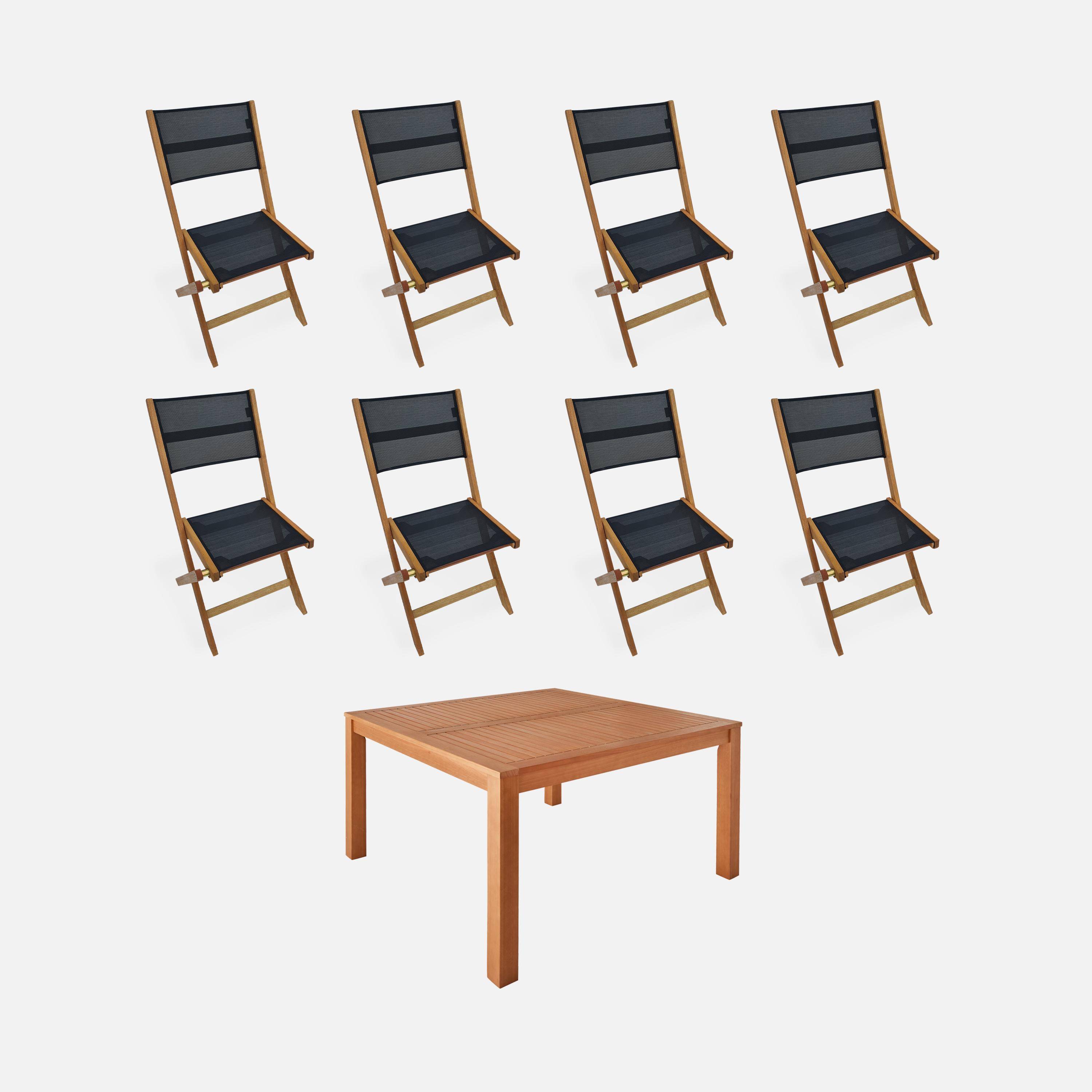 Table de jardin carrée, en bois d'eucalyptus FSC, avec trou de parasol + 8 chaises pliables noir Photo1