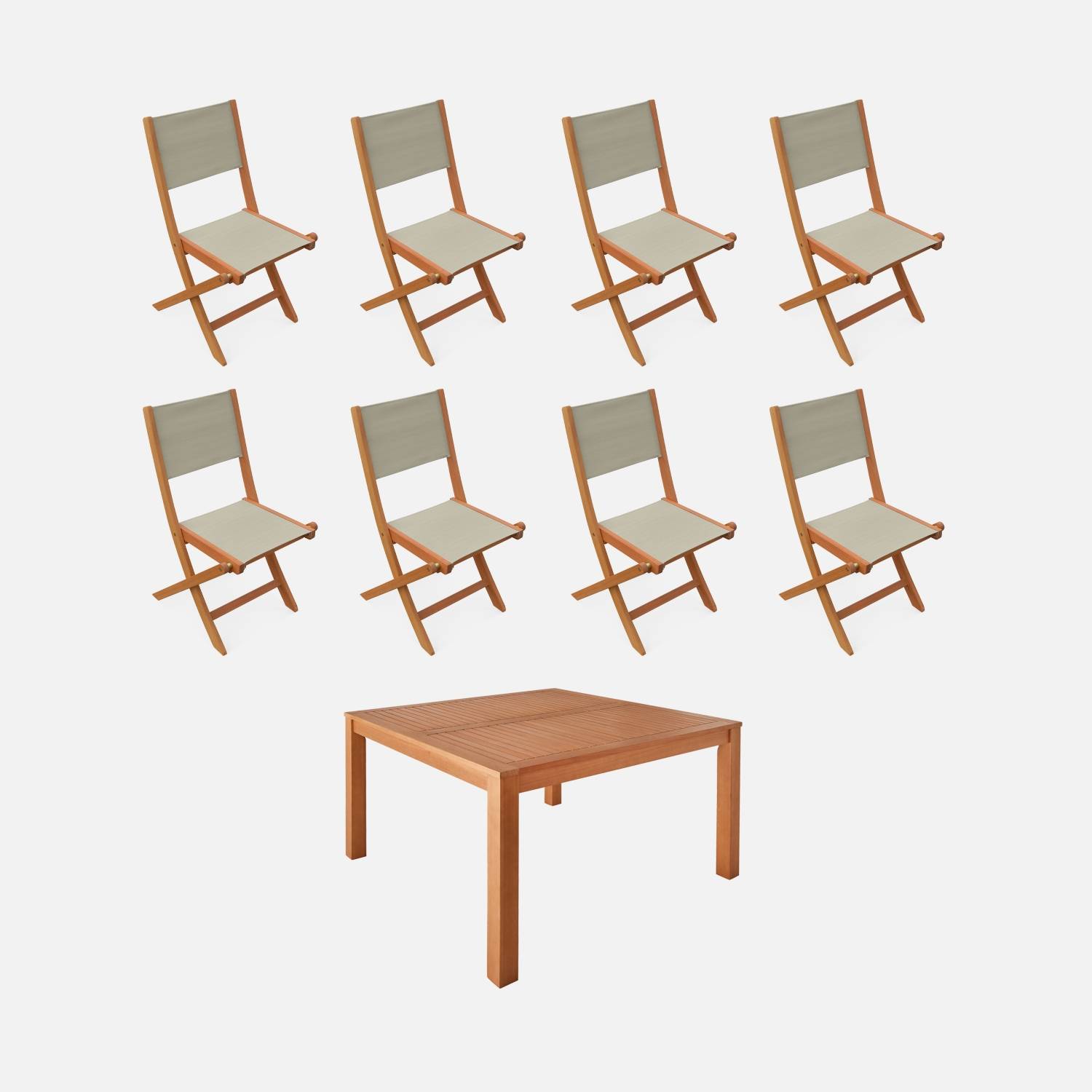 Table de jardin carrée, bois + 8 chaises gris taupe I sweeek 