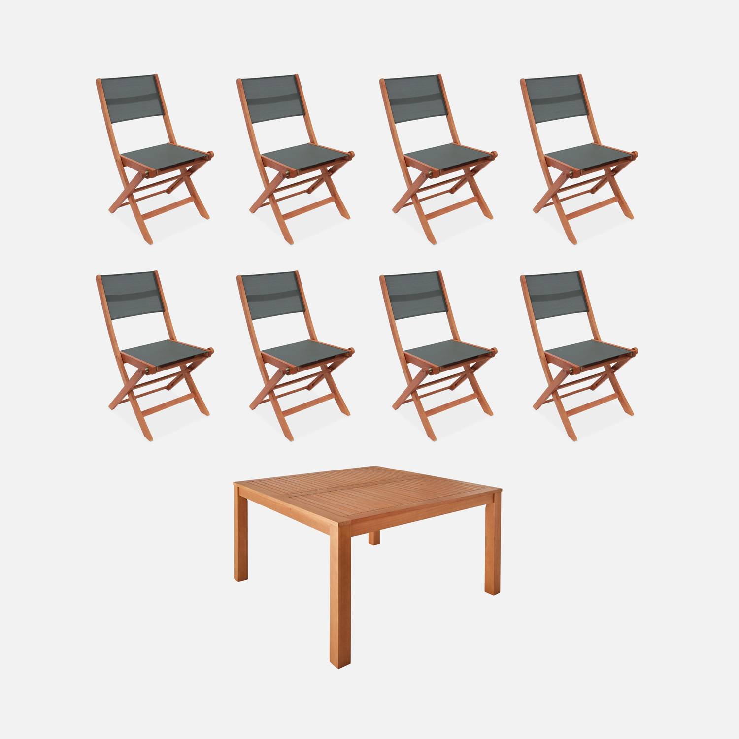 Table de jardin carrée, en bois d'eucalyptus FSC, avec trou de parasol + 8 chaises pliables savane Photo1