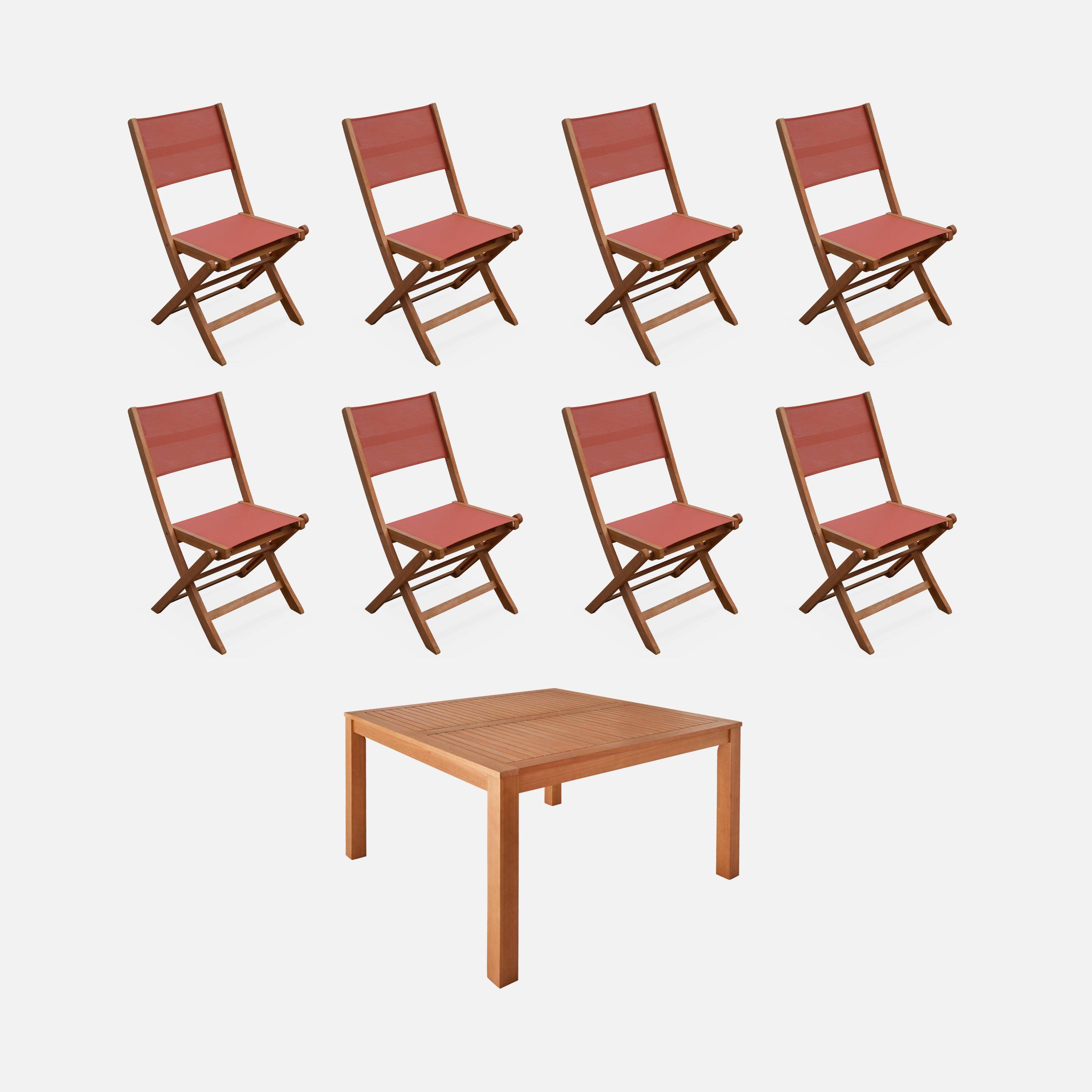 Table de jardin carrée, en bois d'eucalyptus FSC, avec trou de parasol + 8 chaises pliables terracotta Photo1