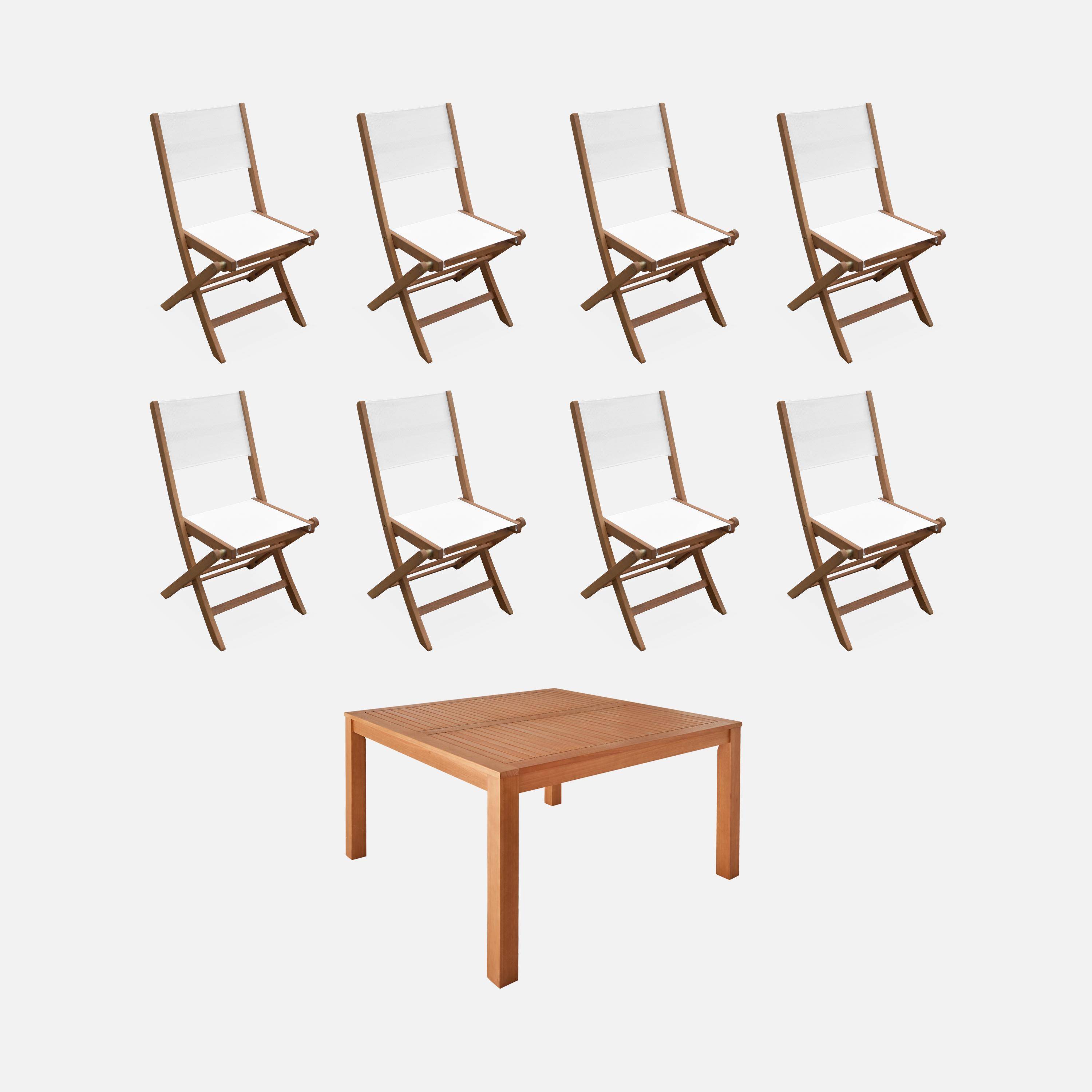 Table de jardin carrée, en bois d'eucalyptus FSC, avec trou de parasol + 8 chaises pliables blanc,sweeek,Photo1