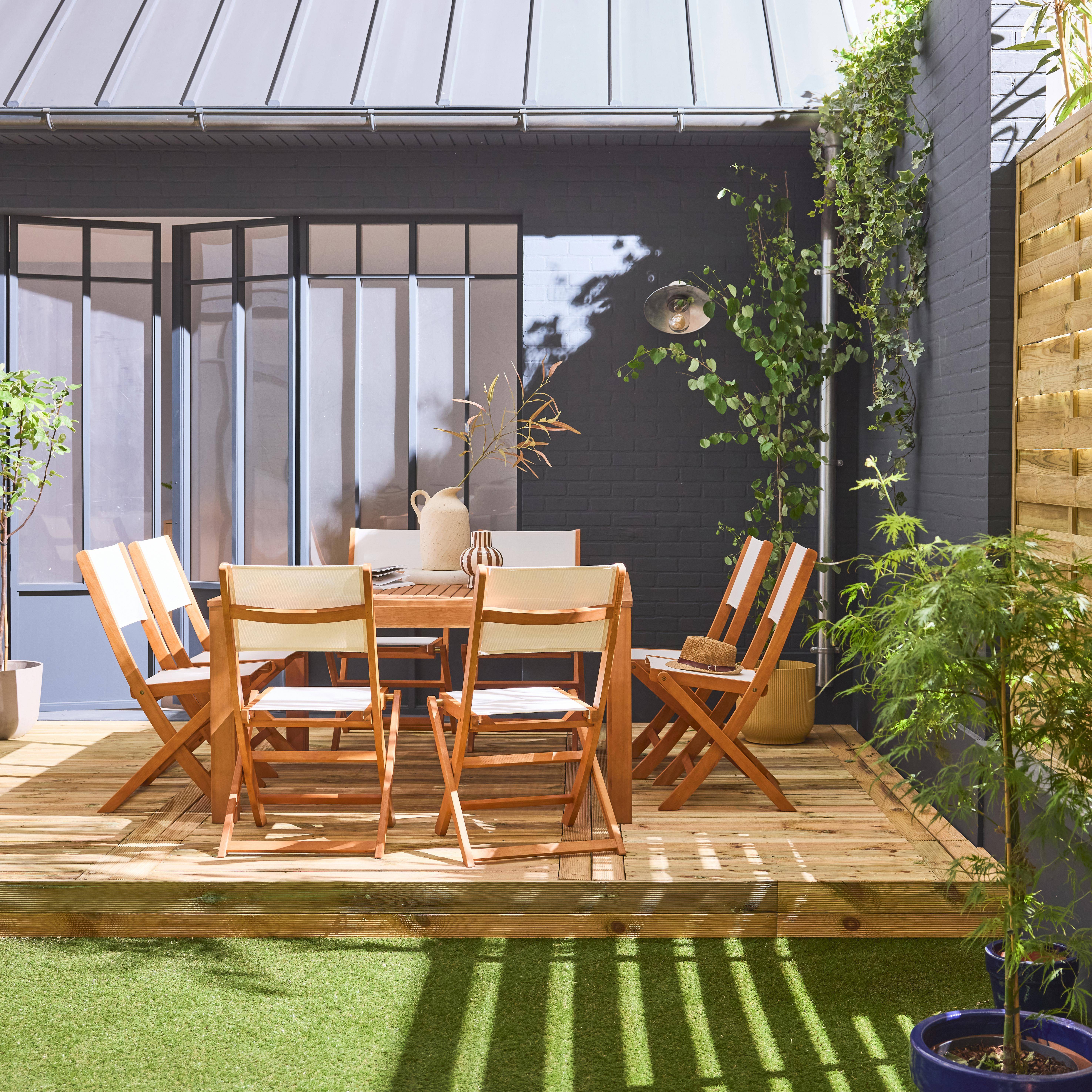 Table de jardin carrée, en bois d'eucalyptus, avec trou de parasol + 8 chaises pliables blanc Photo2