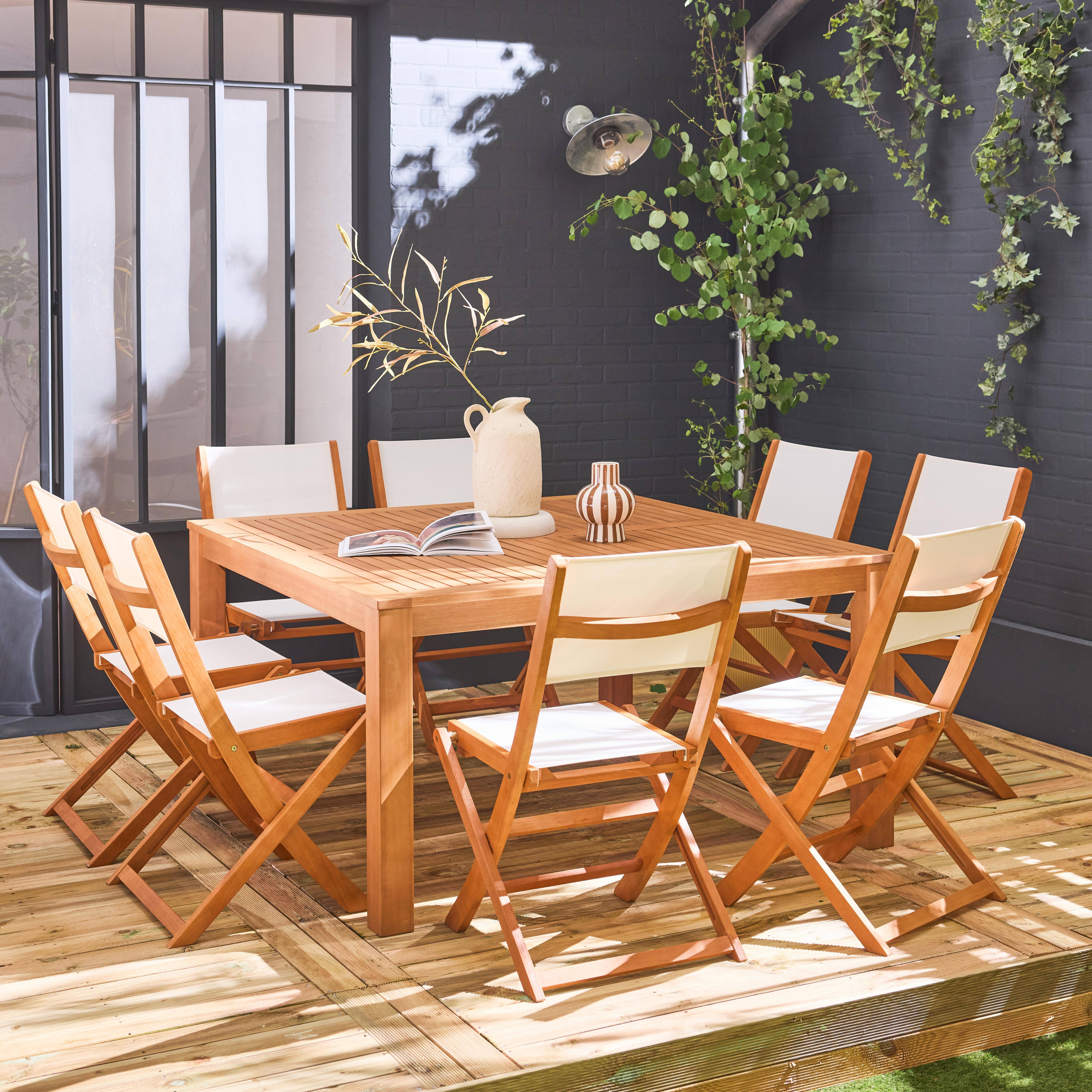 Table de jardin carrée, en bois d'eucalyptus, avec trou de parasol + 8 chaises pliables blanc Photo1