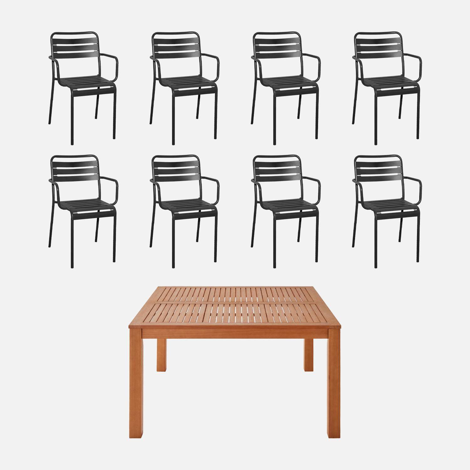 Table de jardin carrée, en bois d'eucalyptus FSC, avec trou de parasol 140 x 140cm + 8 fauteuils en acier anthracite ,sweeek,Photo1