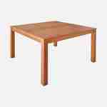 Table de jardin carrée, en bois d'eucalyptus FSC, avec trou de parasol 140 x 140cm + 8 fauteuils en acier savane Photo2