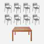 Table de jardin carrée, en bois d'eucalyptus FSC, avec trou de parasol 140 x 140cm + 8 fauteuils en acier savane Photo1