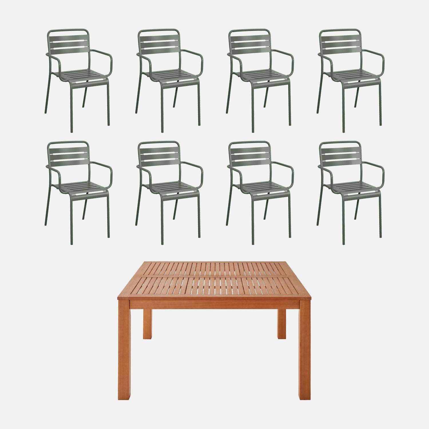 Table de jardin carrée, en bois d'eucalyptus FSC, avec trou de parasol 140 x 140cm + 8 fauteuils en acier savane Photo1