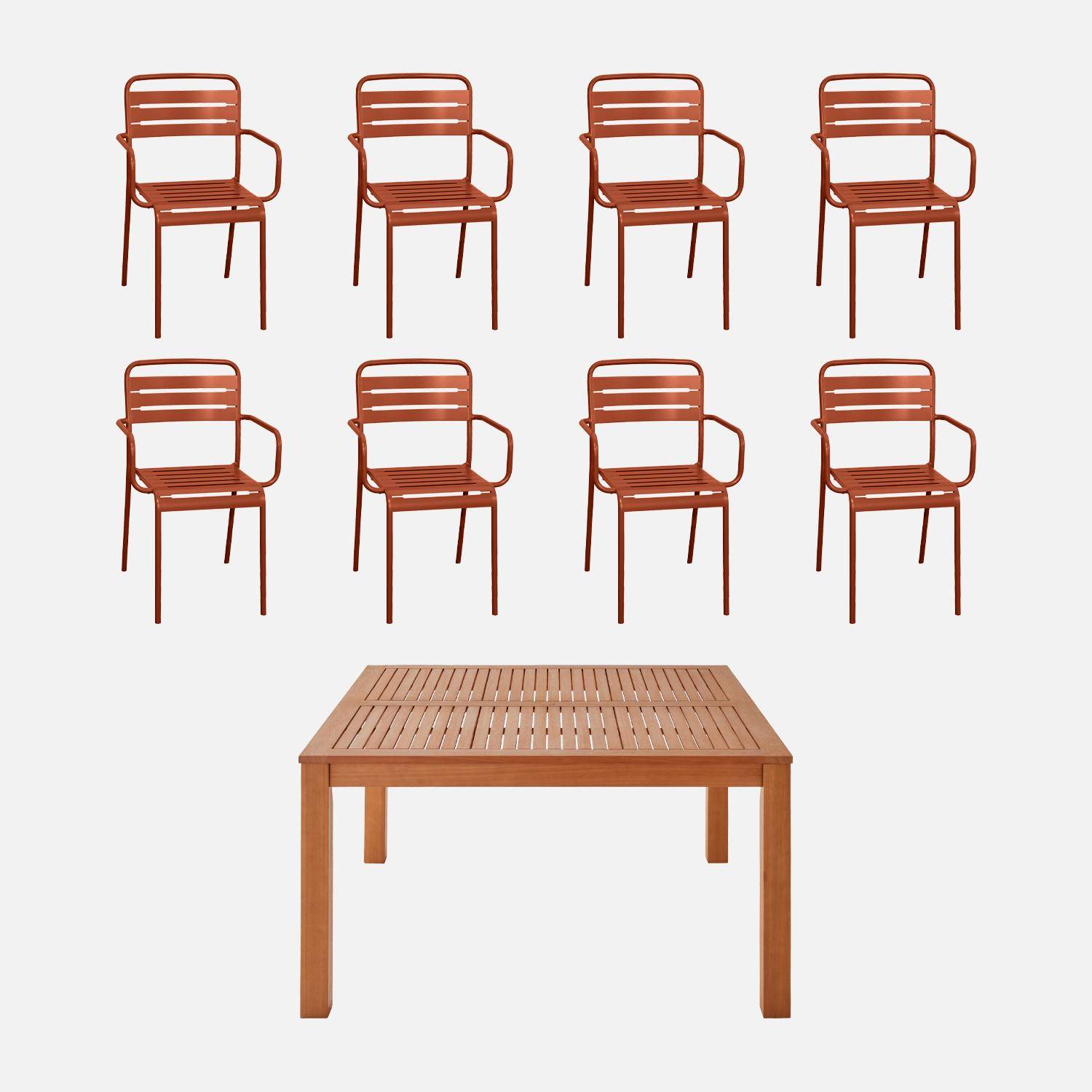 Table de jardin carrée, en bois d'eucalyptus FSC, avec trou de parasol 140 x 140cm + 8 fauteuils en acier terracotta,sweeek,Photo1