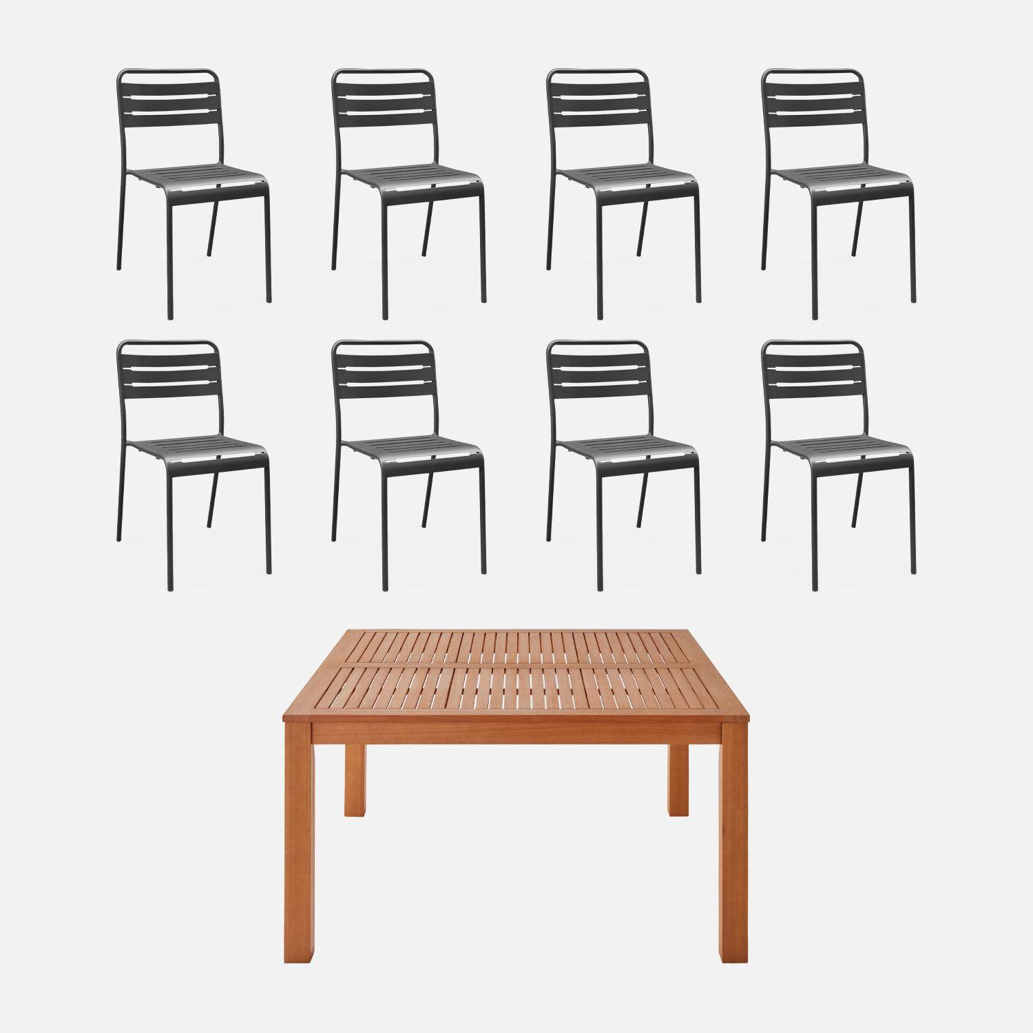 Table de jardin carrée, en bois d'eucalyptus FSC, avec trou de parasol 140 x 140cm + 8 chaises en acier anthracite  Photo3