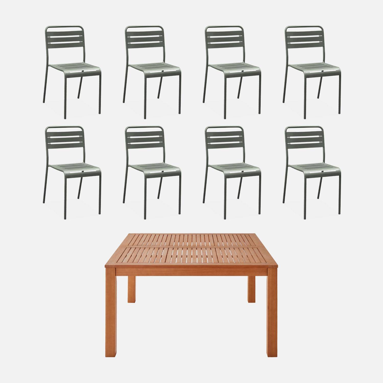 Table de jardin carrée, en bois d'eucalyptus FSC, avec trou de parasol 140 x 140cm + 8 chaises en acier savane  Photo1