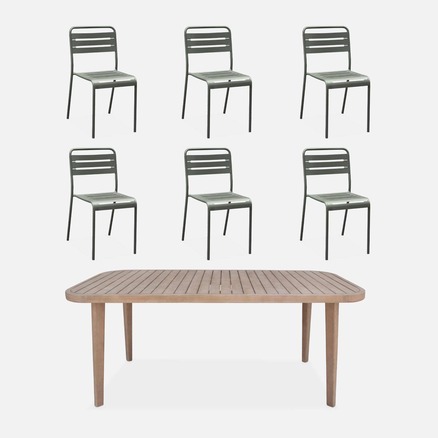 Table de jardin en bois d'eucalyptus FSC, intérieur / extérieur + 6 chaises en métal kaki,sweeek,Photo1