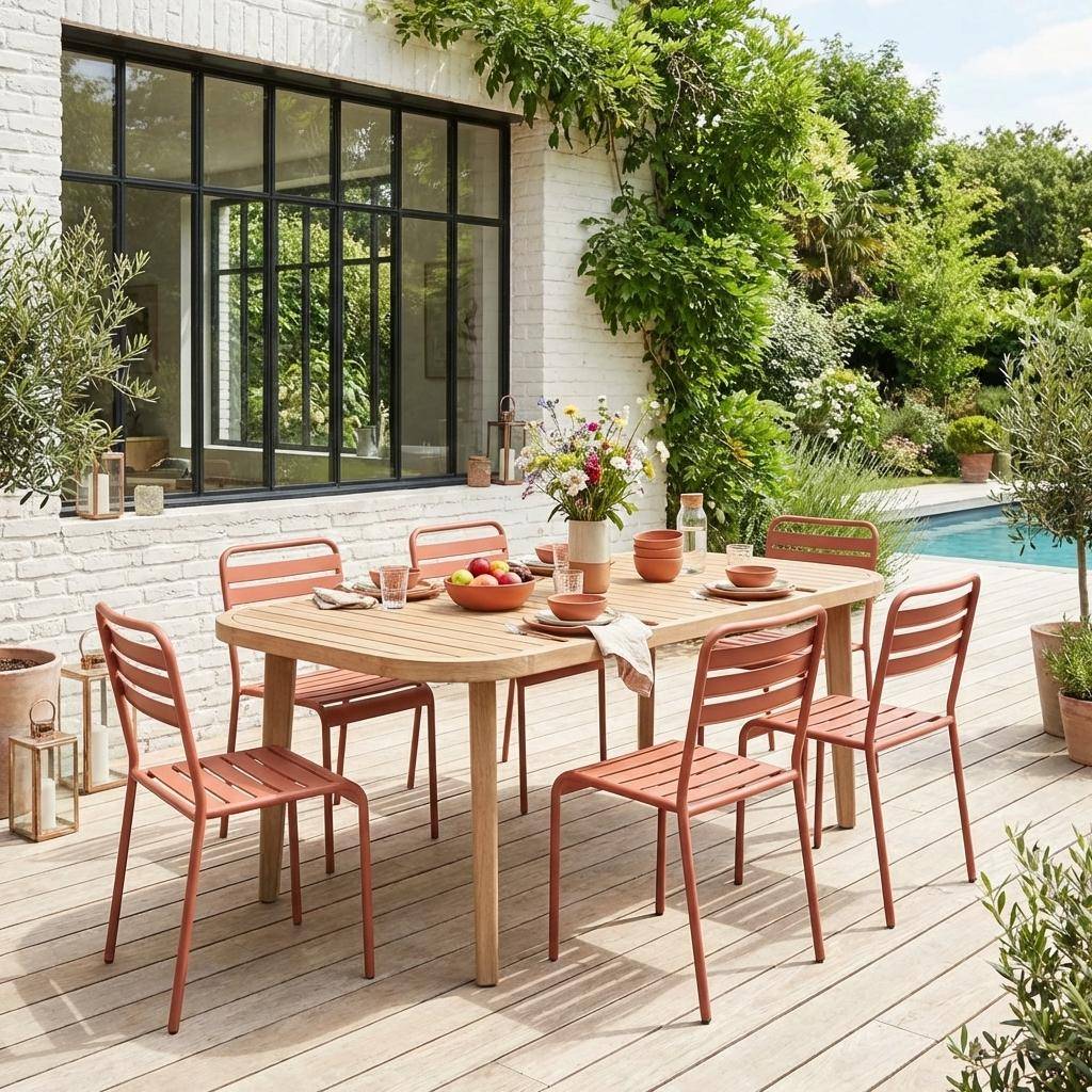 Mesa de jardín interior/exterior madera de eucalipto + 6 asientos de metal Terracotta - 180x90x76 cm Photo1