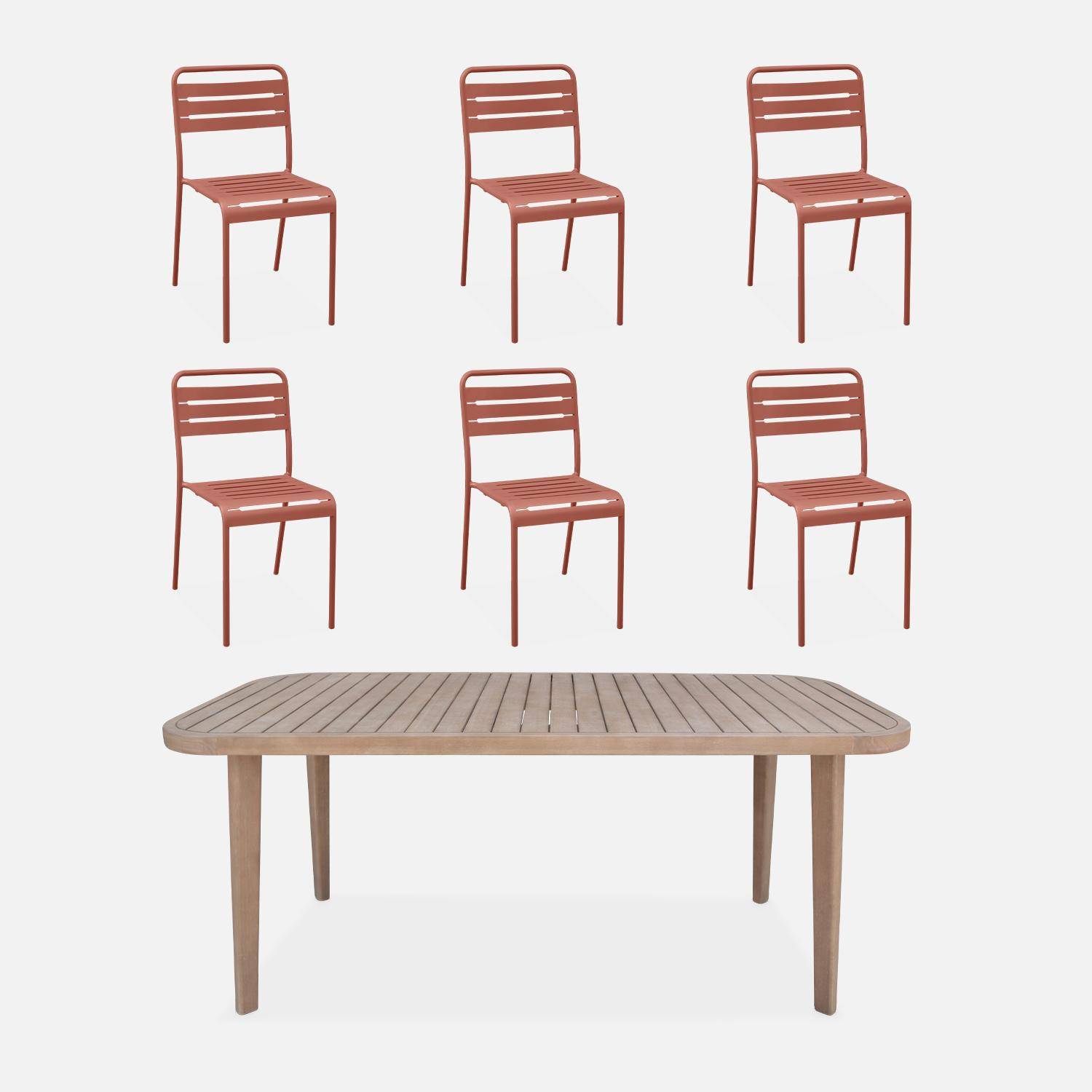 Table de jardin en bois d'eucalyptus FSC, intérieur / extérieur + 6 chaises en métal terracotta,sweeek,Photo1