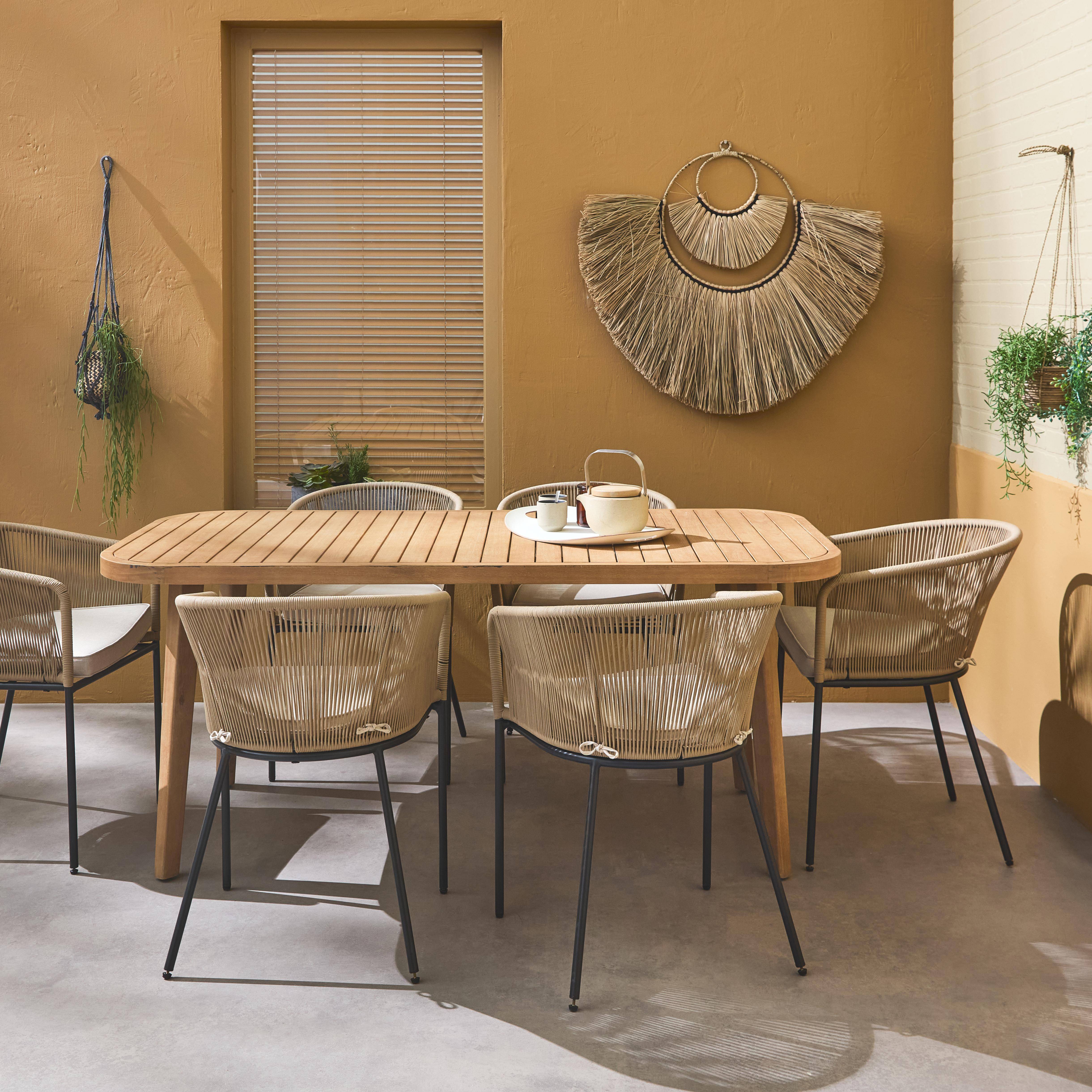 Table de jardin en bois d'eucalyptus, intérieur / extérieur + 6 fauteuils en corde beige et métal Photo2