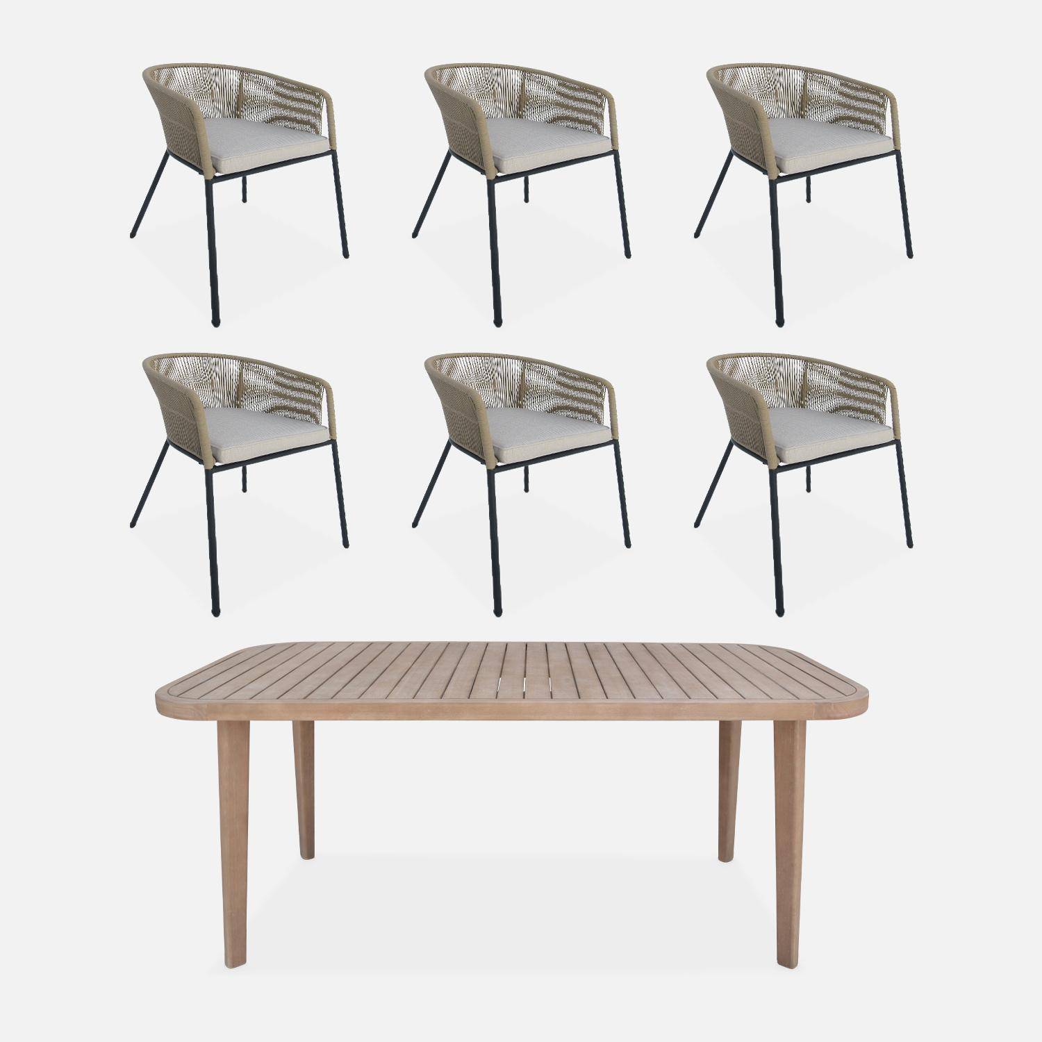 Table de jardin en bois d'eucalyptus, intérieur / extérieur + 6 fauteuils en corde beige et métal Photo3
