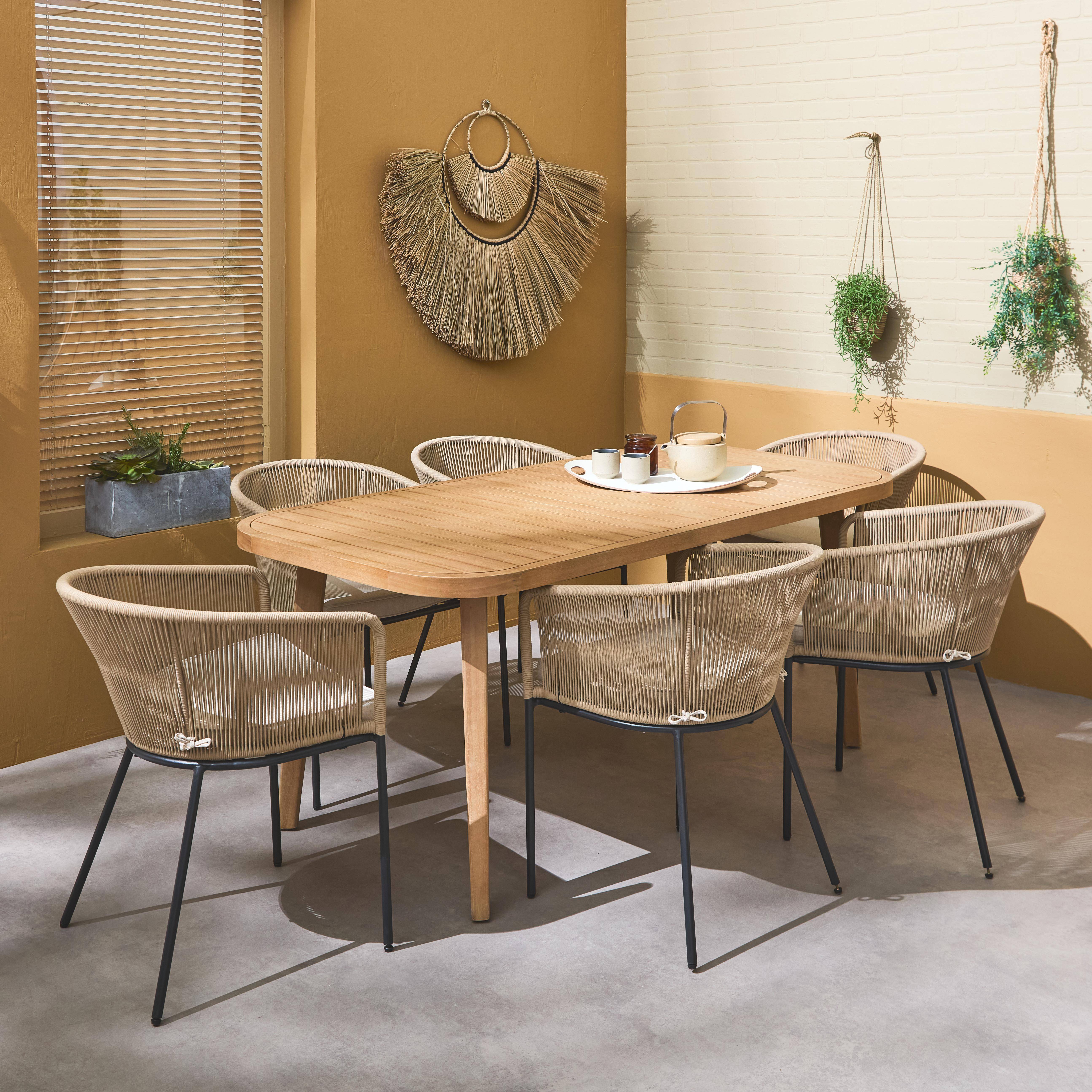 Table de jardin en bois d'eucalyptus, intérieur / extérieur + 6 fauteuils en corde beige et métal Photo1