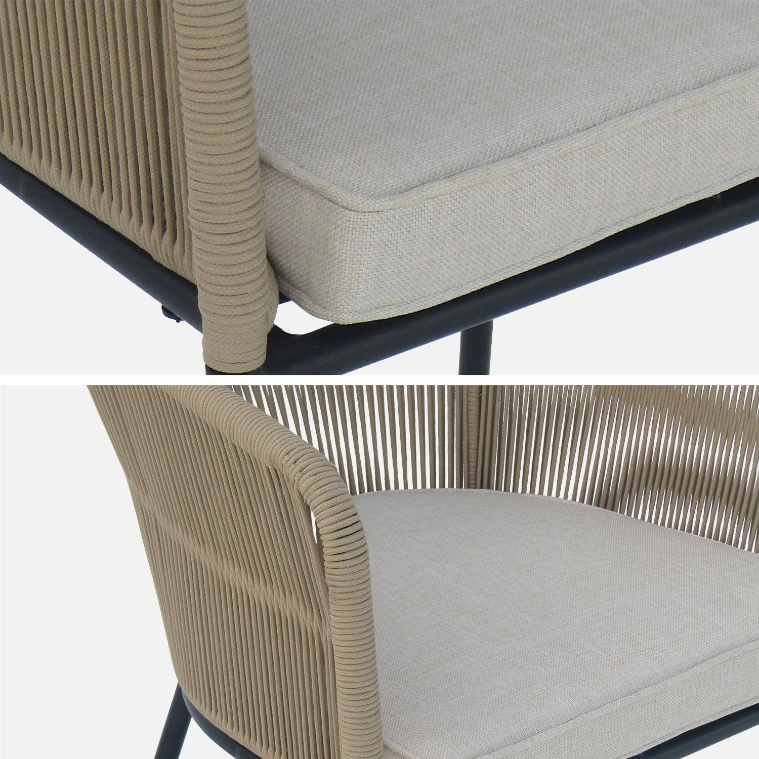 Table de jardin en bois d'eucalyptus, intérieur / extérieur + 6 fauteuils en corde beige et métal Photo7