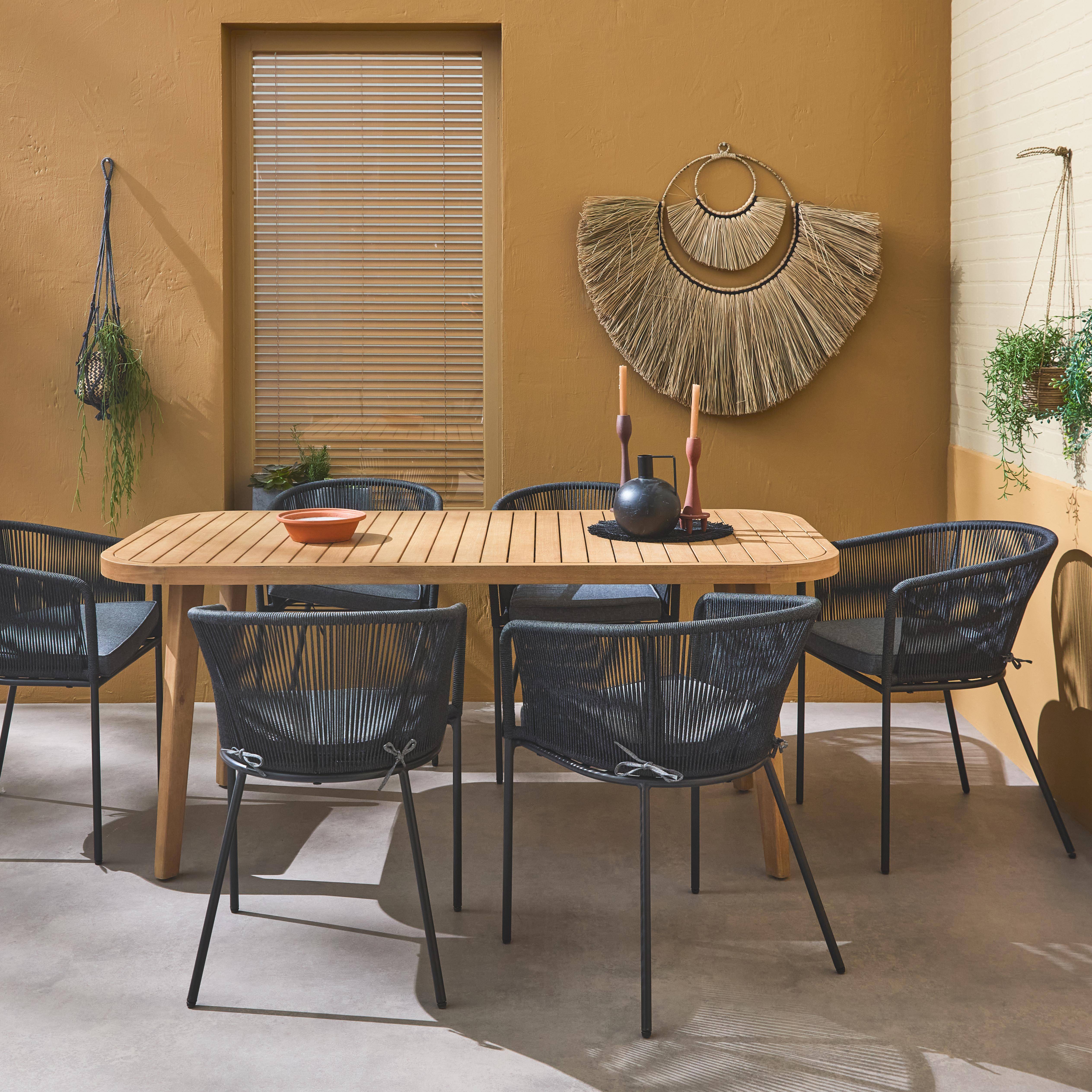Table de jardin en bois d'eucalyptus FSC, intérieur / extérieur + 6 fauteuils en corde noir et métal,sweeek,Photo1