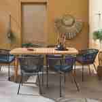Table de jardin en bois d'eucalyptus FSC, intérieur / extérieur + 6 fauteuils en corde noir et métal Photo1